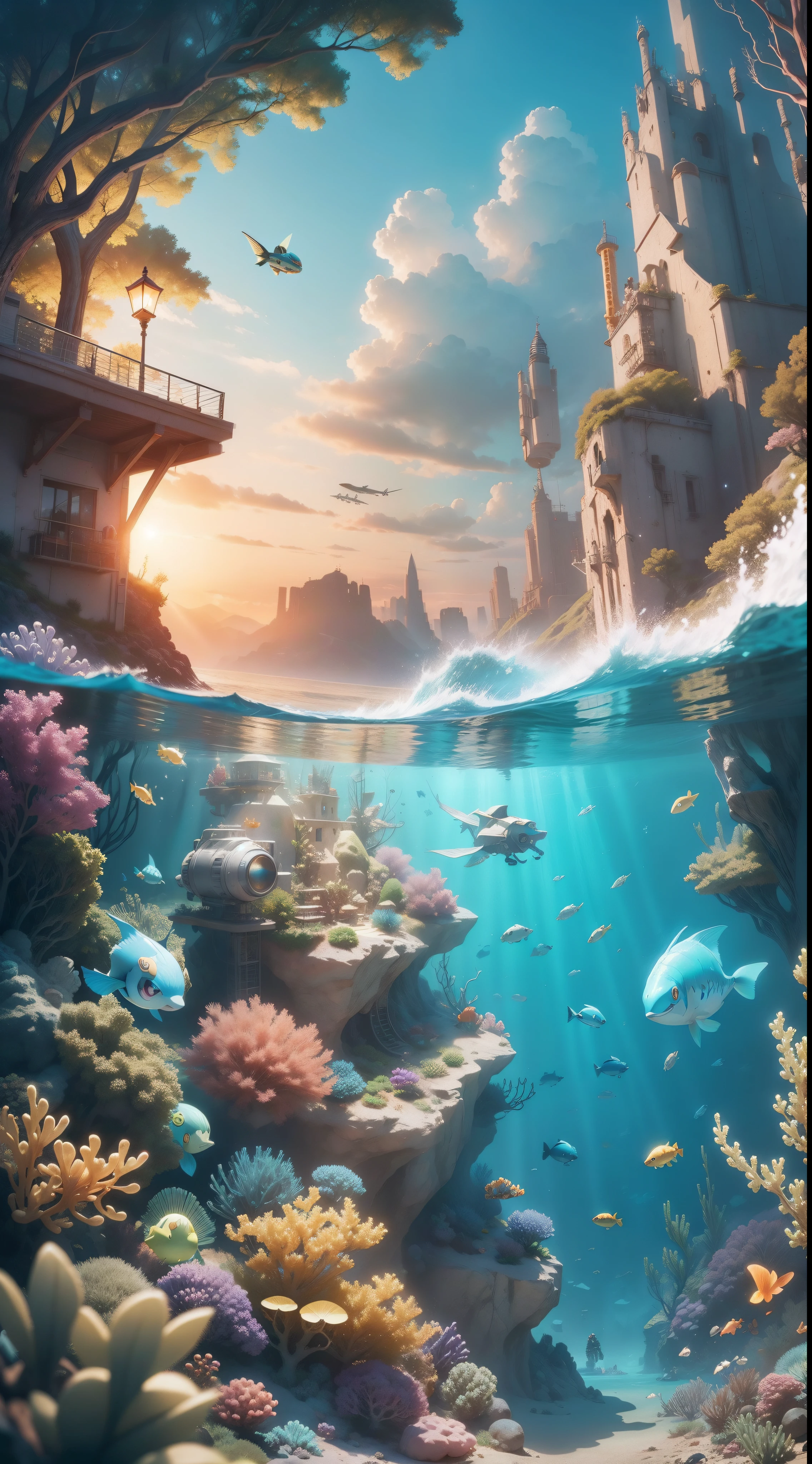 The scene is at the bottom of the sea，dive，searchlight，fish flocks，Pokémon, Mechaization, Cool, Figures, surrealism，Cinematic lighting, Sparkle, tachi-e, hyper HD, Anatomically correct, Masterpiece, High details, A high resolution