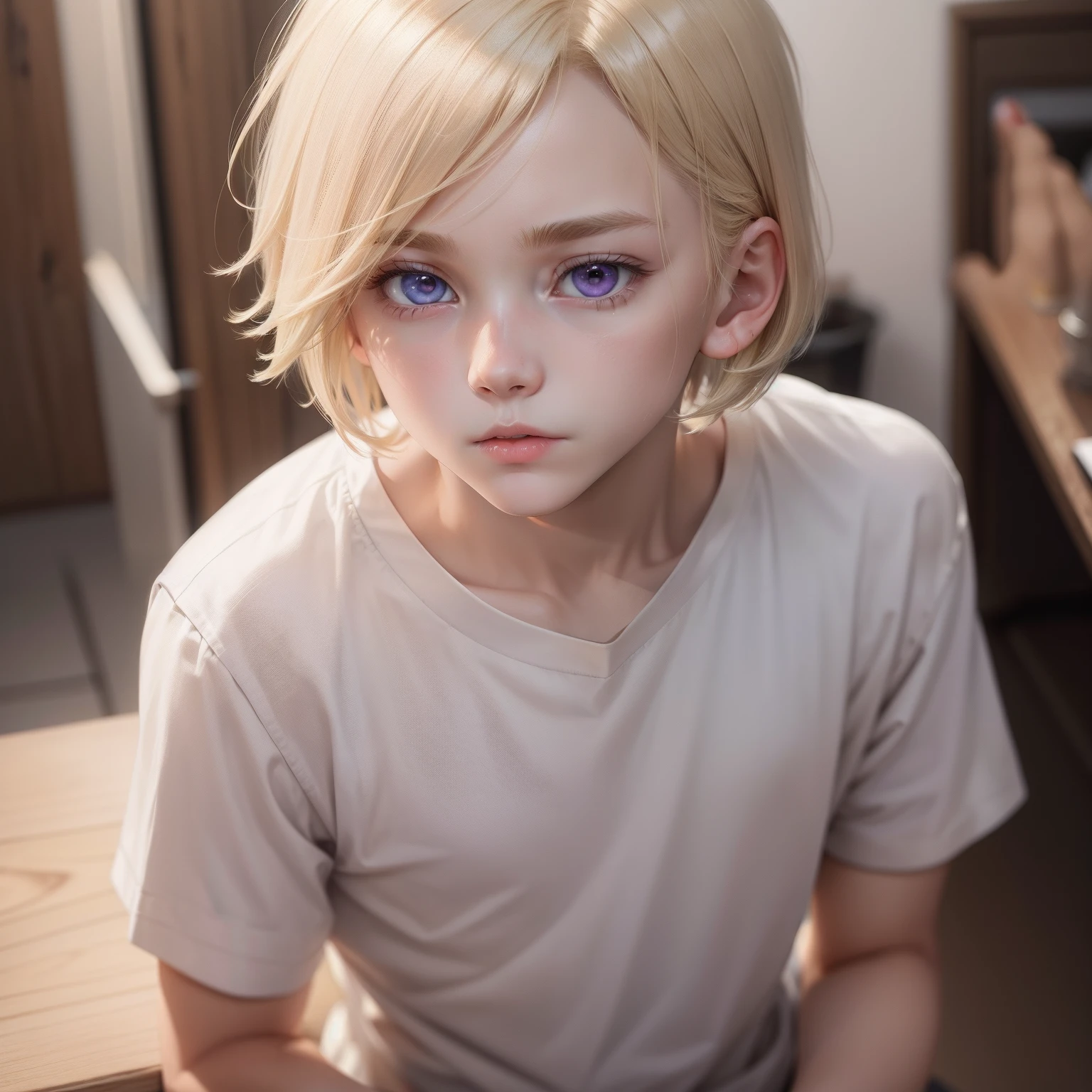 1 boy,fleeting,masterpiece,Top image quality,a blond(Bob Hair)(straight haired)Eyes are purple,pupils,shortsleeves,Beautiful Boys,Beautiful fece,Looking down