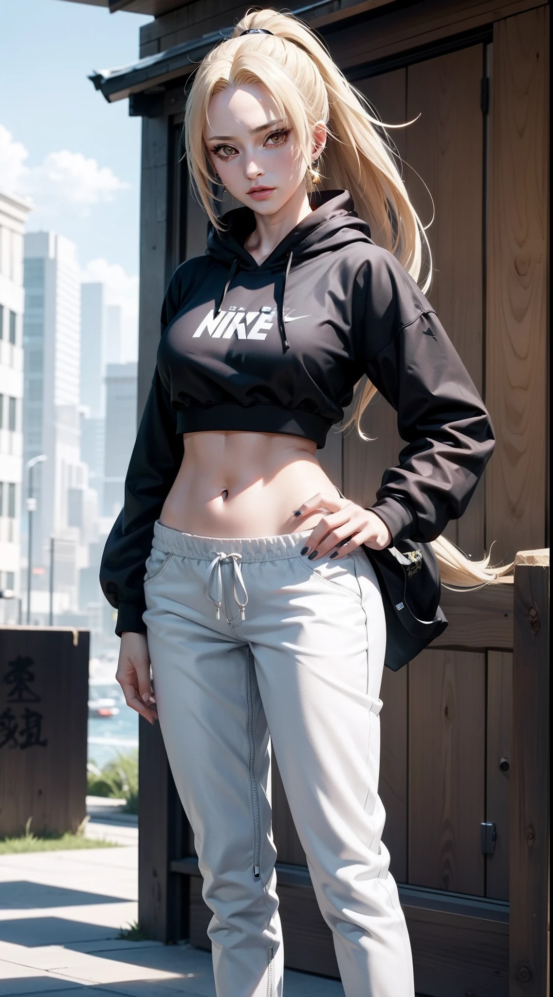 Tsunade from anime naruto, blonde hair, long hair, ponytail, wearing mascara, perfect body, perfect breasts, beautiful woman, very beautiful, wearing black nike hoodie, white jogger pants, wearing watch, wearing earrings, wearing nike shoes white, on the football field, Realism, masterpiece, textured skin, super detailed, high detail, high quality, best quality, 1080P, HD, 16k