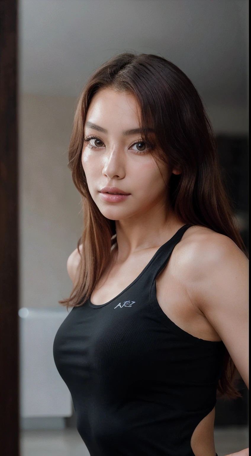 fitness girl, Korean, 8k, perfect face, delicate face, beautiful eyes, amazonian build, big toned thighs, thigh gap pretty face, soft smile, movie shot, dramatic cinematic lighting, masterpiece, highest quality, full body (dark red hair), (simple background), (depth of field), dramatic back light, closeup, selfie