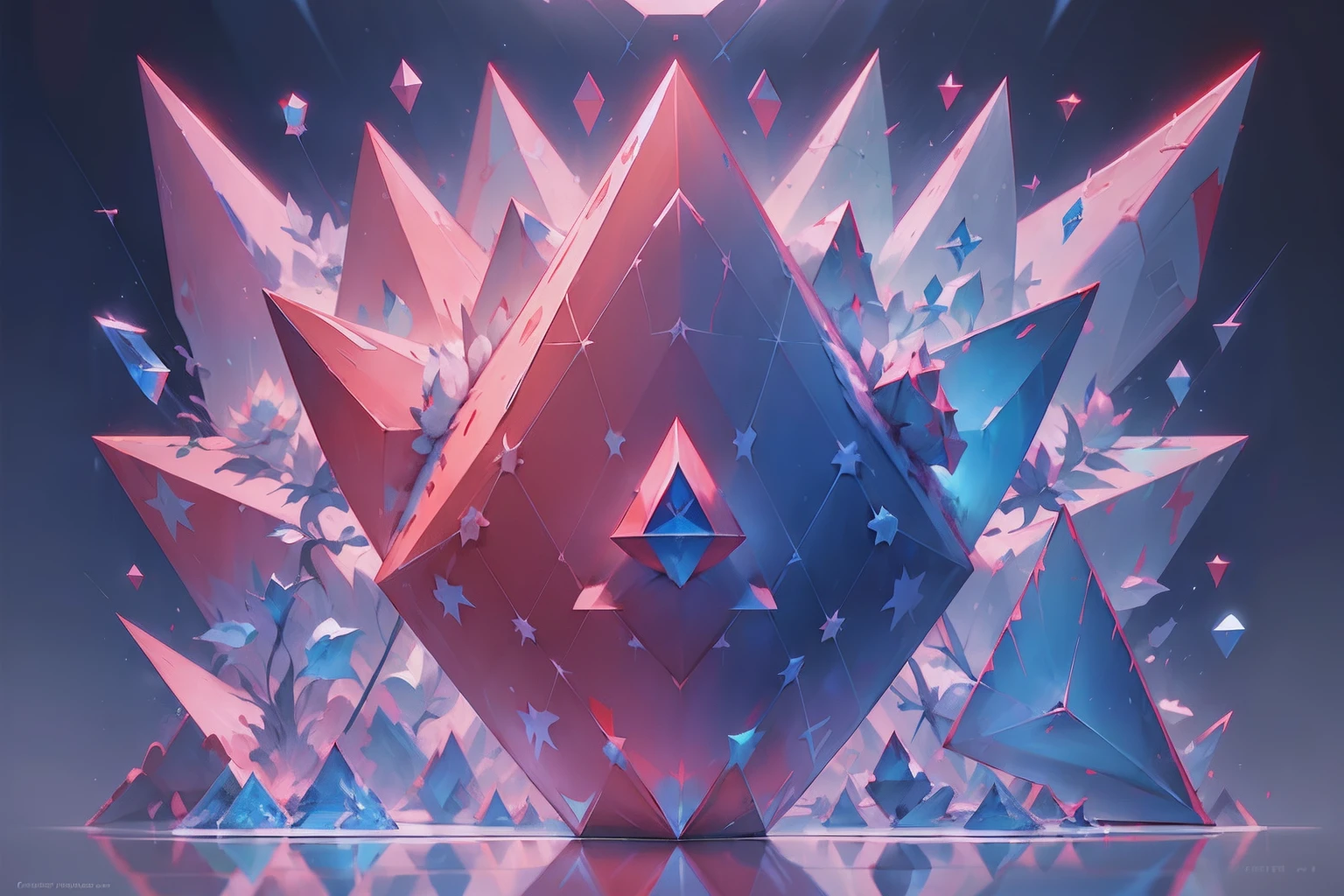 (((Geometric symmetry)))，轴对称，(((Geometric plane)))，red colour，blue colors，Colors complement each other，Diamond lotus，，Trophy，Diamond-shaped lotus，super detailing，rich details​，真实感，Award-winning photography，triangles，high saturated。32K