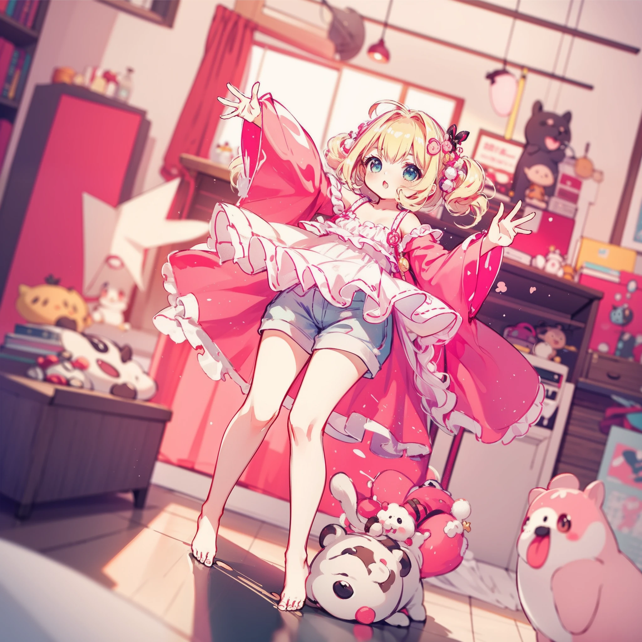 very cute female child:1.5,10 yo,Clothes with peach-colored ruffles:1.8, Barefoot, Summer,action:1.6,dynamic pose,dynamic angle,dutch angle shot,low angle,full body shot,medium shot,flat chest:1.5,nsfw:1.3, Cute PINK Living room:1.8,4K, (Raw photo: 1.2), (masutepiece: 1.3), (exquisite detailing: 1.2), Delicate and beautiful details, (Eye Detail), (Facial Detailed), (Highest Quality) :1.4), (Hyper-Resolution: 1.2),(very detailed illustration), Best Quality,depth of fields, Wide light, natural shadows