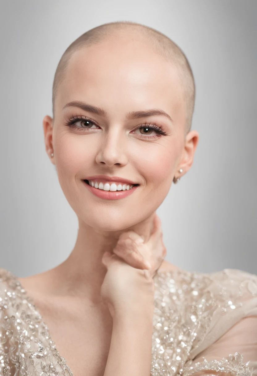 Capture the captivating beauty of a young woman who exudes confidence and elegance, embracing her baldness with grace. Emphasize her striking features, radiant smile, and the essence of inner strength. The image should highlight her distinctive charm while celebrating her individuality and inspiring self-assurance."