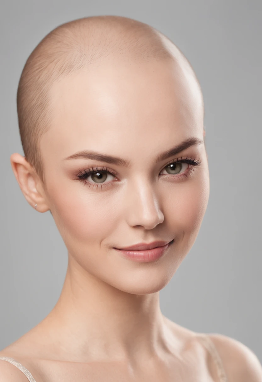 Capture the captivating beauty of a young woman who exudes confidence and elegance, embracing her baldness with grace. Emphasize her striking features, radiant smile, and the essence of inner strength. The image should highlight her distinctive charm while celebrating her individuality and inspiring self-assurance."