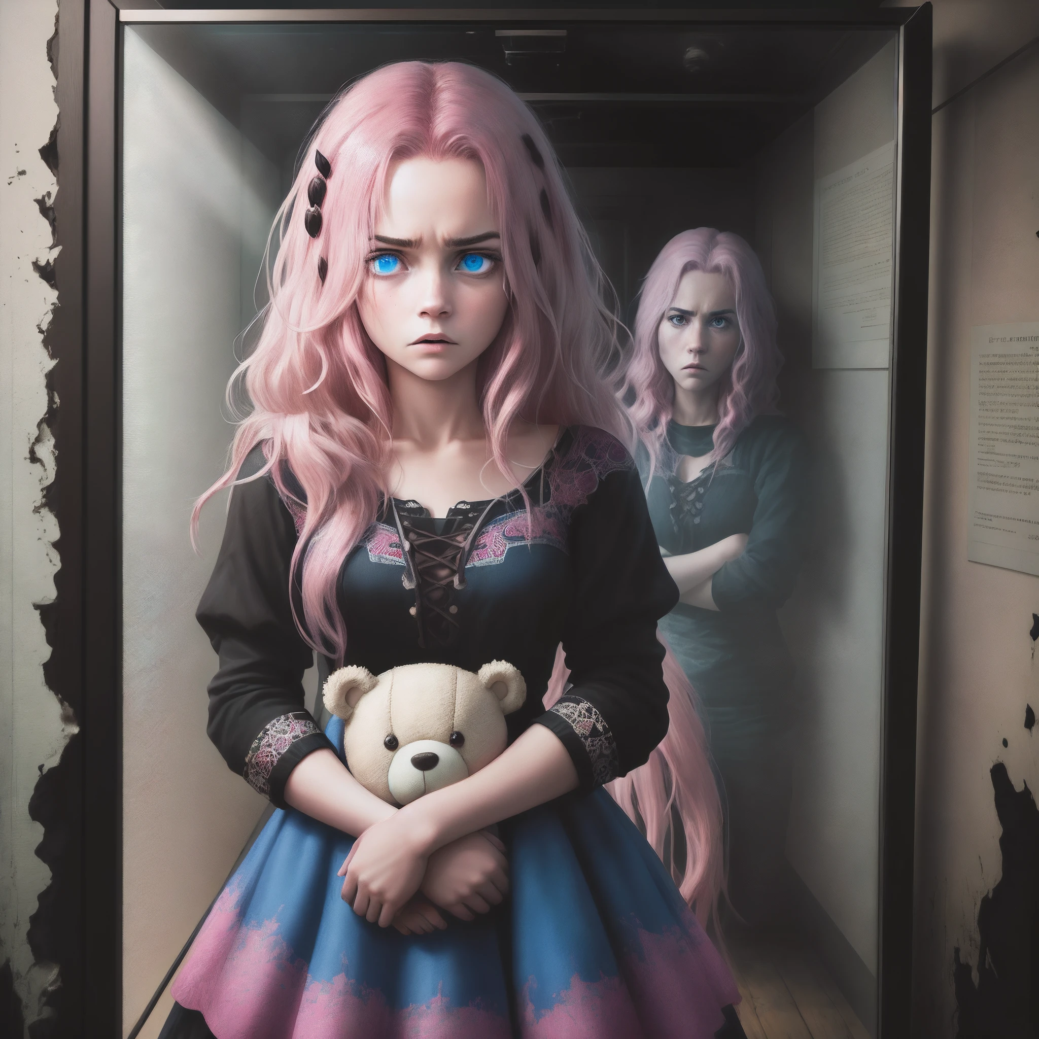 1girll, Pink hair, Blue eyes, (cowboy_Shot:1.2), Face focus, Long hair, side locks, Scared,(terrified:1.1) expression, holding teddy bear, Atmospheric lighting, Moody, Darkness, In an abandoned old museum, Clear glass display case full of interesting items, Dusty, Post-apocalypse, spiderwebs, masterful, Beautiful 8k wallpaper, Extremely detailed, Intricate