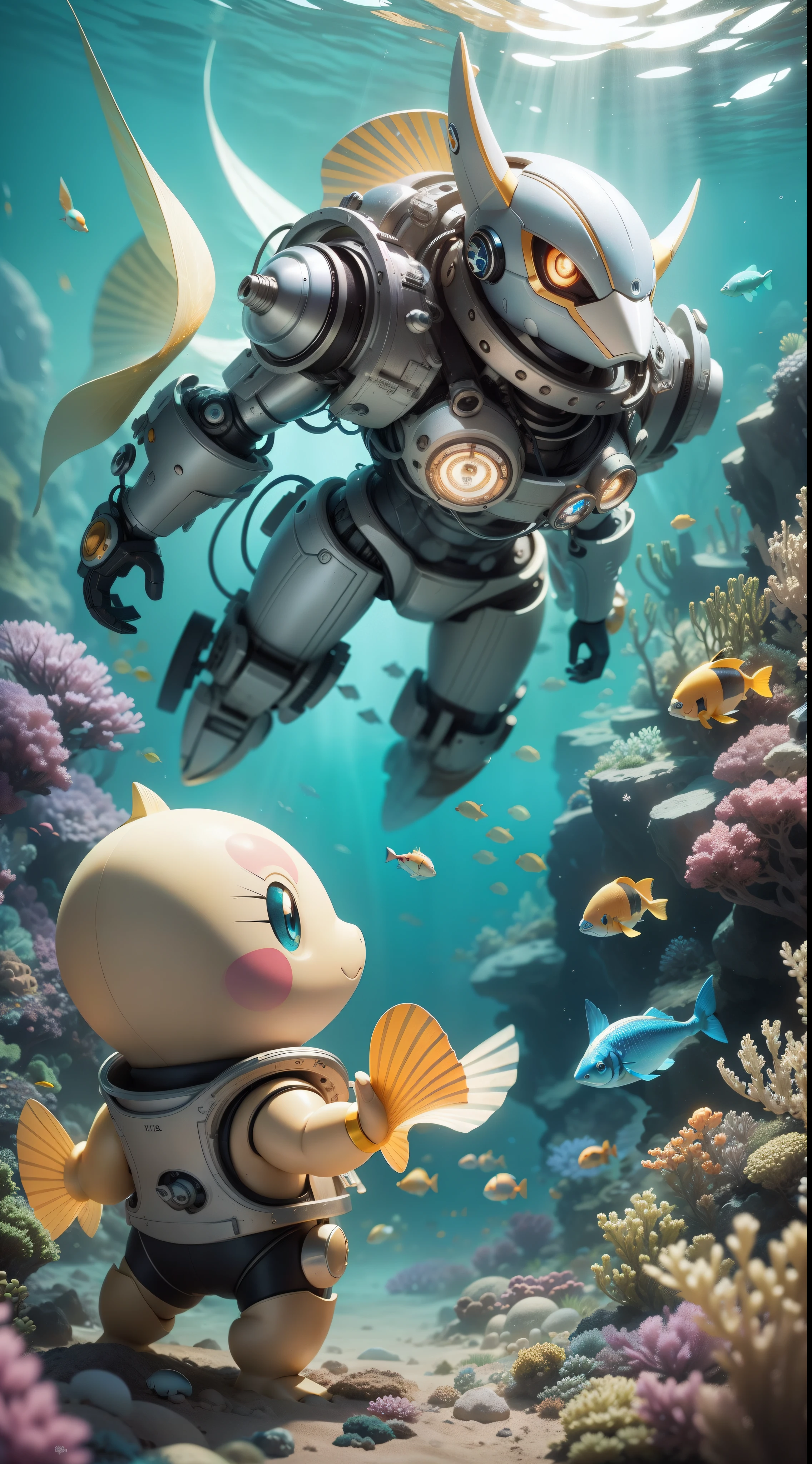 The scene is at the bottom of the sea,dive,searchlight,fish flocks,Pokémon, Mechaization, Cool, Figures, surrealism,Cinematic lighting, Sparkle, tachi-e, hyper HD, Anatomically correct, Masterpiece, High details, A high resolution