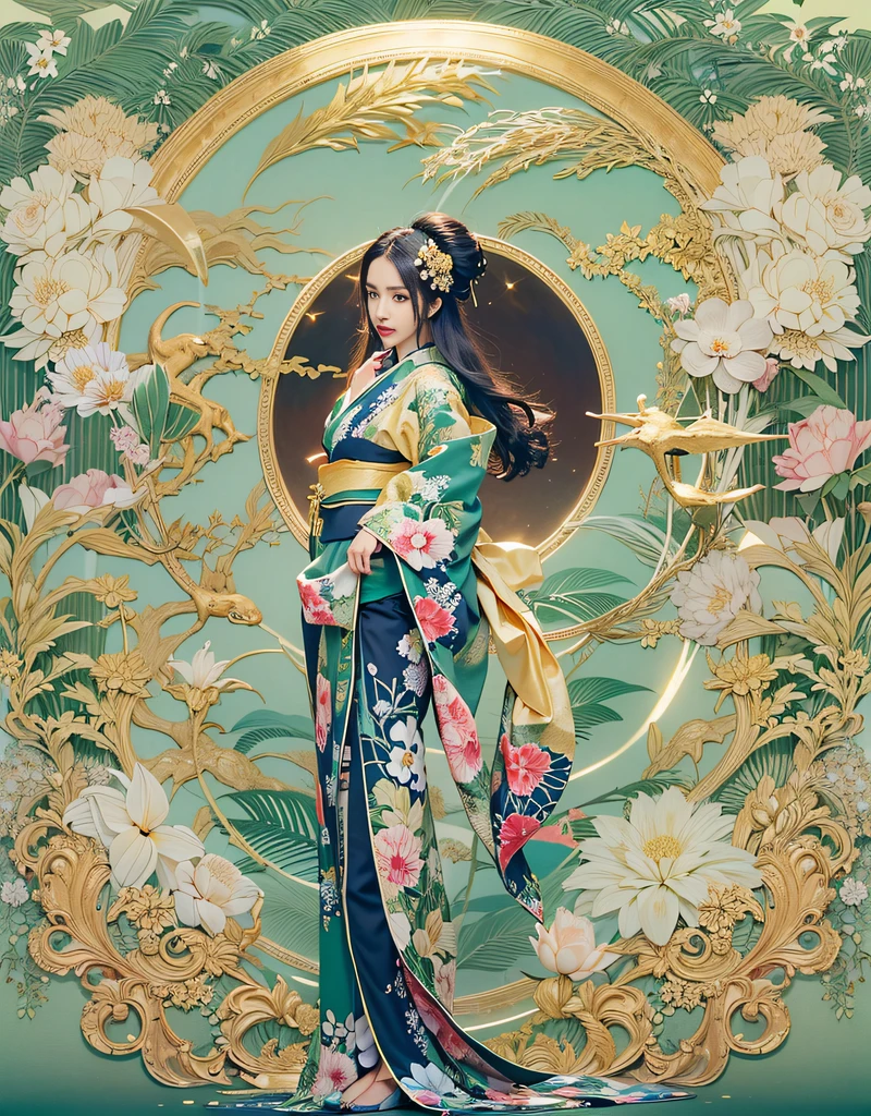 (Beautiful model in Japanese kimono commercial, beautiful straight long black hair), solo, ((face is 80% beauty and elegance, 20% pretty and cute:1.5)), clear eyes, (detailed eyes, light green eyes, bright pupils), Double Eyelids, (sexy lips with a little thickness:1.2), ((super detailed and incredibly high resolution Golden Kimono:1.2)), Highly Detailed Face Texture, striking body shape, curvy and very attractive woman, high-resolution RAW color photo pro photo, BREAK ultra high-resolution textures, High-res body rendering, big eyes, unparalleled masterpiece, incredible high resolution, super detailed, stunning ceramic skin, BREAK ((Facing back to show the pattern of the Kimono:1.5)), ((Wearing a Rinpa kimono that uses a lot of glittering golden:1.5)), ((The main color is golden and the Rinpa Kimono has very colorful embroidery:1.2)), (Half-collar and Obi are dark blue) ,(elaborately made classical Japanese Rinpa-style Kimono), ((The embroidery pattern is a peacock, a running water pattern, and colorful flowers):1.2), ((elaborately and elegantly decorated Golden Kimono)), (Take a photo in front of a Rinpa folding screen with a golden-coloured, navy-blue flowing water pattern)) BREAK ((Best Quality, 8k)), Crisp Focus:1.2, (Layer Cut, Big:1.2), (Beautiful Woman with Perfect Figure:1.4), (Beautiful and elegant rear view:1.3), Slender waist, (Correct hand shape:1.5), (Full body shot | cowboy shot)