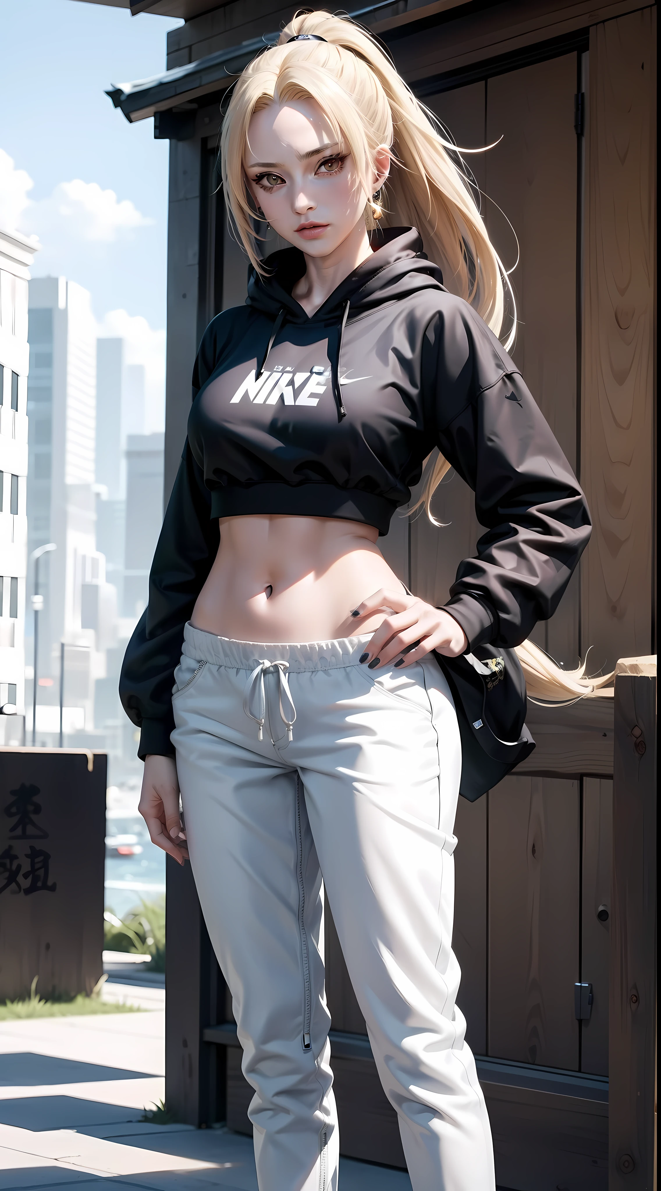 Tsunade from anime naruto, blonde hair, long hair, ponytail, wearing mascara, perfect body, perfect breasts, beautiful woman, very beautiful, wearing black nike hoodie, white jogger pants, wearing watch, wearing earrings, wearing nike shoes white, on the football field, Realism, masterpiece, textured skin, super detailed, high detail, high quality, best quality, 1080P, HD, 16k