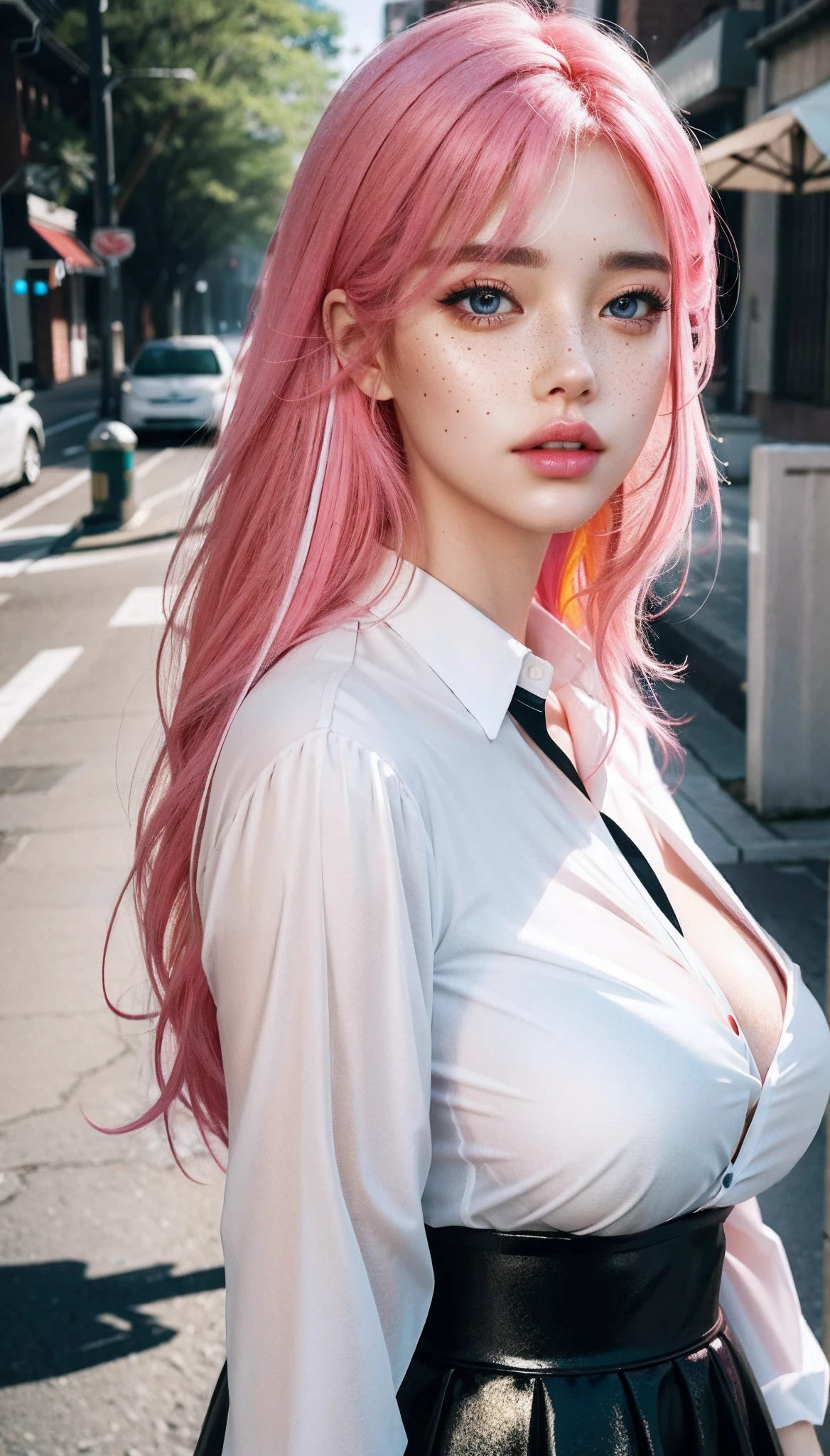 ((ultra - detailed)),((eyes with brightness)),(Detailed eyes),8K,winking,(Little freckles makeup girl),((Realistic skin))(Large breasts 1.3),((Shiny facial skin)),Pink hair and black pleated dress and white shirt:1.3,Rosla's soft vibrancy,Ross La cartoon is vibrant,Style: anime big breast, 8K, And some of them,beautiful portraits,The artistic germ is rich and colorful!!!, !Dream Artgerm, Beautiful anime girls, Style digital art, Art wallpapers 8K and 8K, number art, extremely detailed art germ,