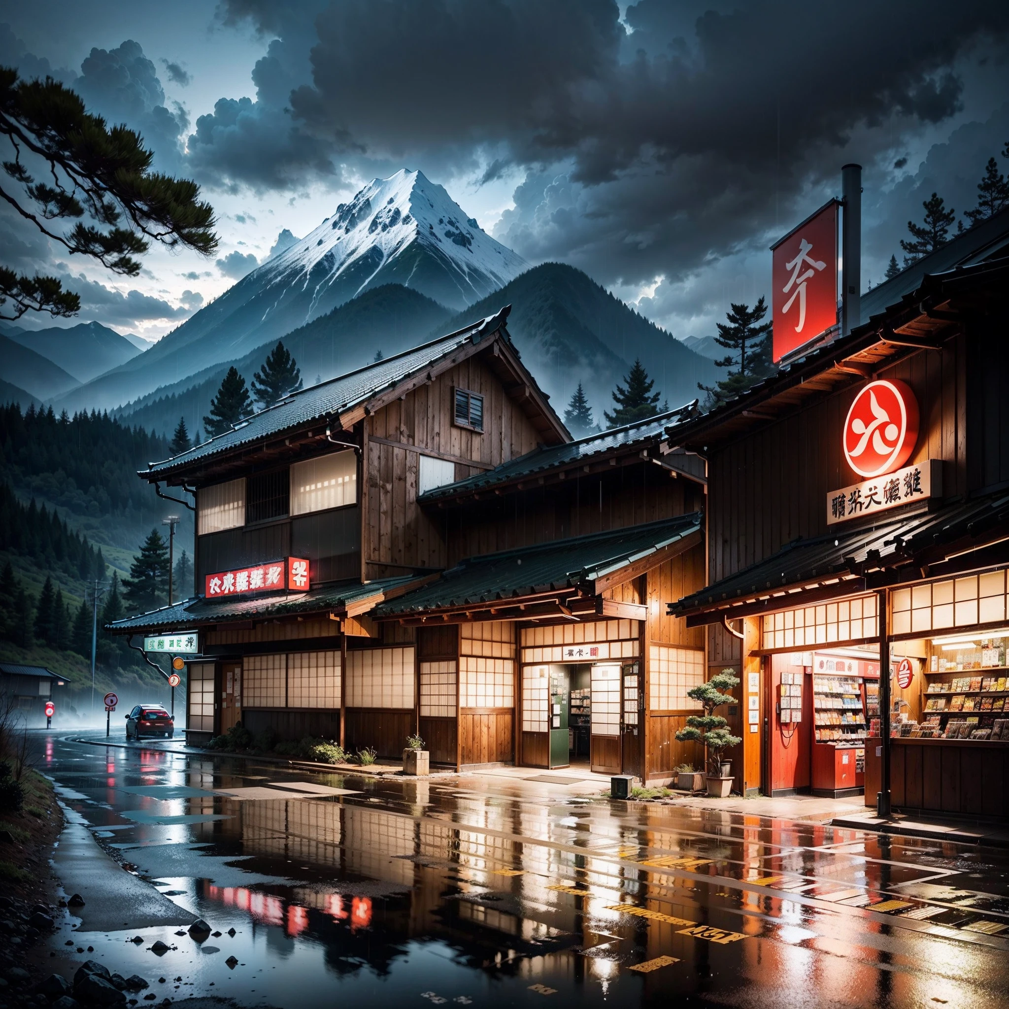modern Japanese gas station by the side of a road in the mountains. modern Japanese architecture, night-time, rain, best quality, (no one: 1), anime, anime style, lofi, dramatic weather, Japanese shop signs, lofi style, no other building, vegetation, woods, puddles of water, heavy rainfall, neon signs,