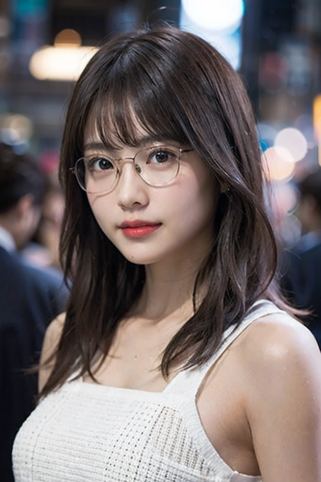 (8K、Raw photography、top-quality、masterpiece:1.2)、(realisitic、Photorealsitic:1.37)、ultra-detailliert、超A high resolution、女の子1人、see the beholder、beautifull detailed face、A smile、Constriction、(Slim waist) :1.3)、White summer clothes、Beautiful detailed skin、Skin Texture、Floating hair、Professional Lighting、In the rainy city、Hair, clothes or skin are wet from rain、Black-rimmed square glasses 、Whole human body、Brown hair