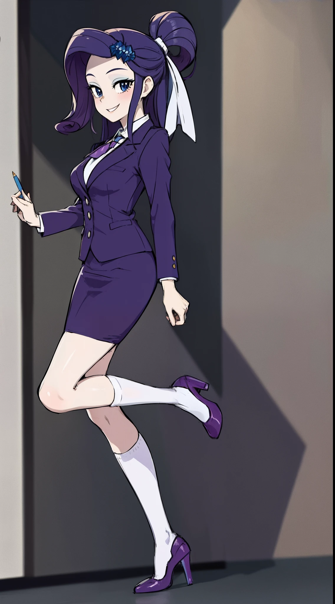 masterpiece,best quality,1girl,solo,mlprarity,colored skin,hair ornament,purple hair,blue eyes, business suit, blazer, pencil skirt, white thighhigh socks, high heels, full body, smile