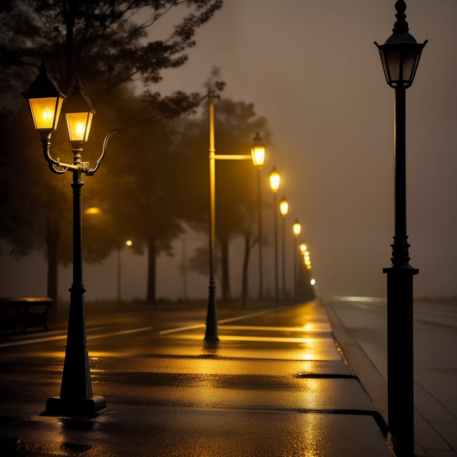 Pitch black night,Pitch black road,A dim yellow street lamp on the side of the road,A bench under a street lamp,(((Lonely and lonely))),(It was drizzling)(((desolation))),14K resolution,(((The light is gentle))),(((Realistic details)))