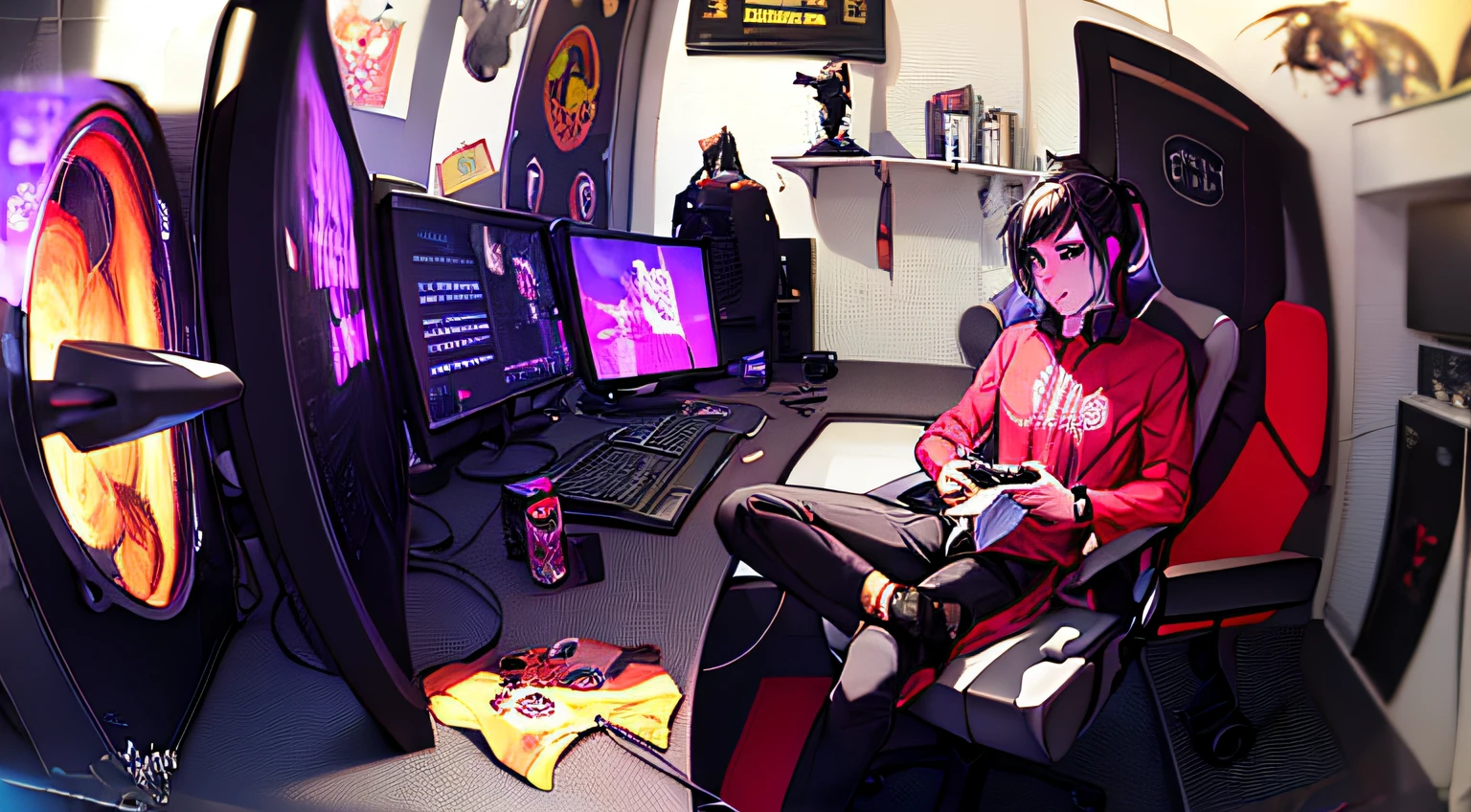 Anime - imagem estilo de um homem sentado na frente de um computador, fanart de videogame, Commission for High Res, Player aesthetics, arte de desenvolvimento de jogos, jogador, Digital anime illustration, Tema jogador, Cyril Rolando e Goro Fujita, arte de fundo, Arte digital no Pixiv, estilo de videogame, sala de jogos em 2 0 4 0, commission for