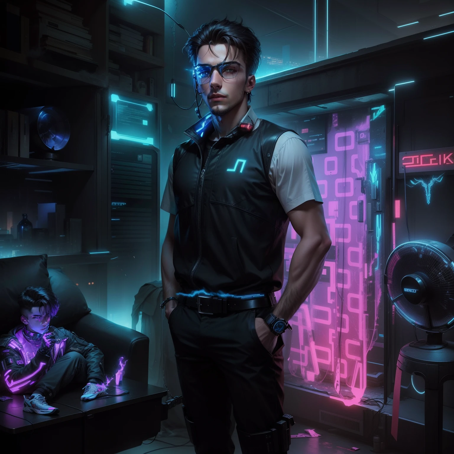 Change background cyberpunk handsome smart boy, natural picture, 4k