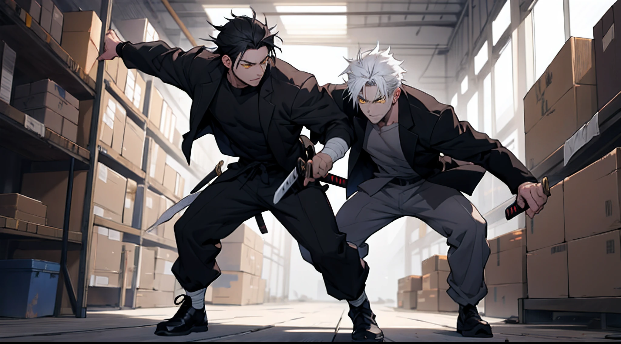 Anime,
 boy black clothes black coat 1 black katana Black hair, fight, boy white hair ,yellow eyes ,covered in bandages, white clothes unarmed, dark warehouse, soft light