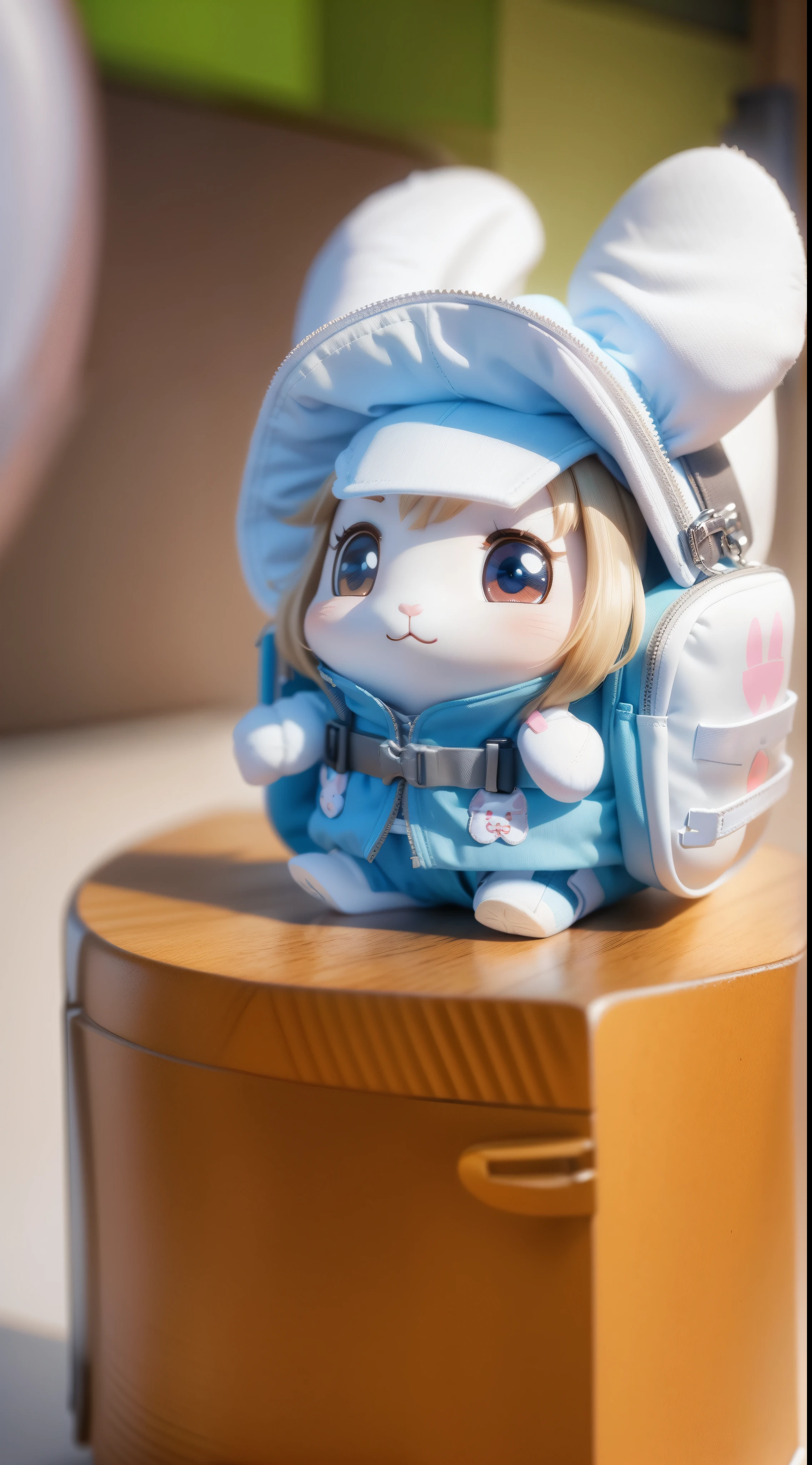 There is a white bunny doll with a backpack and backpack, cute 3 d render, render of a cute 3d anime girl, highly detailed character, Cute detailed digital art, cute character, 3 d render stylized, Female explorer mini cute girl, original chibi bunny girl, soft 3d render, Cute! C4D, Stylized anime, Rendered in redshift