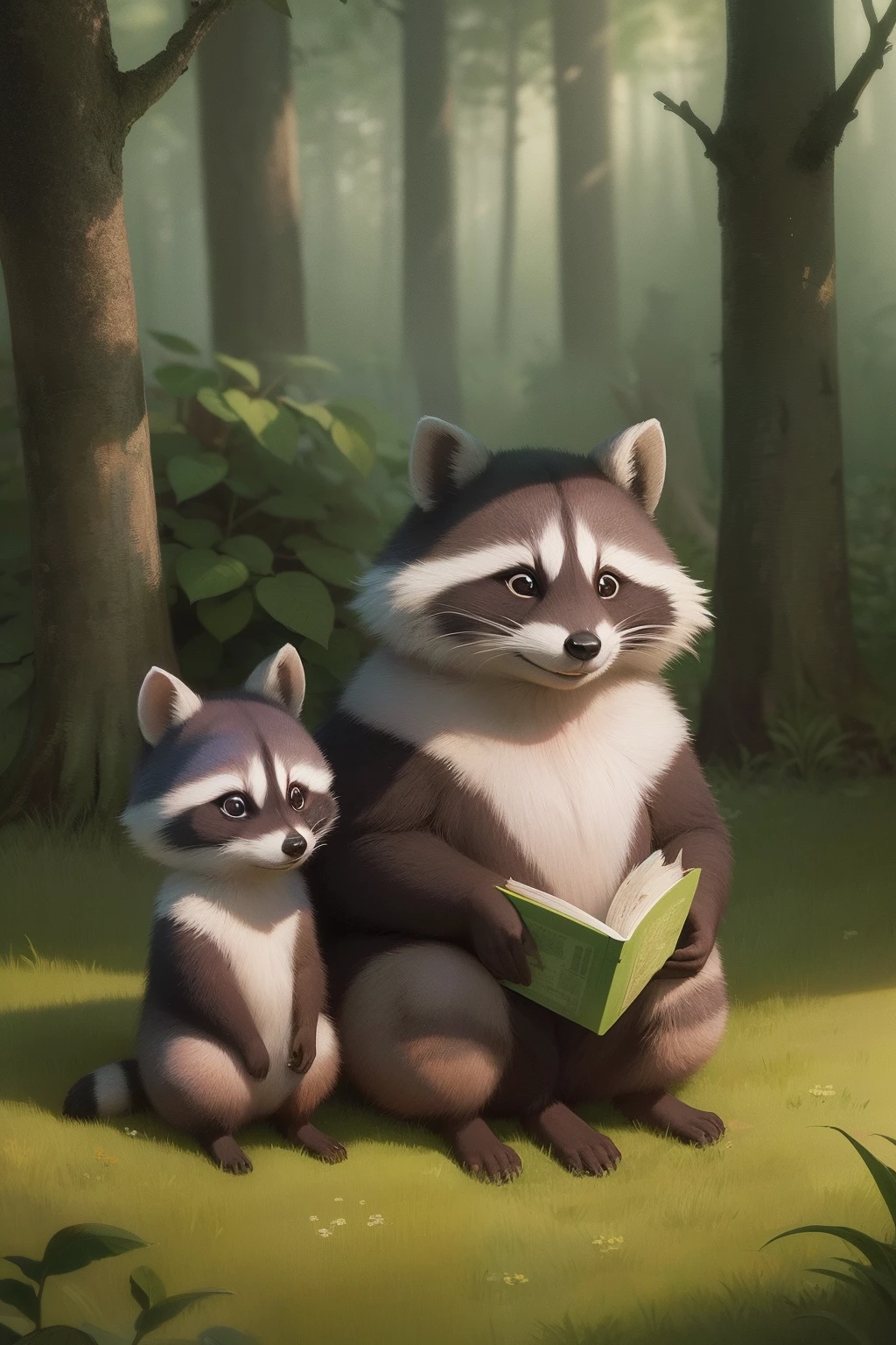 Illustration, 児童書, Raccoon parent and child gathering in the forest.