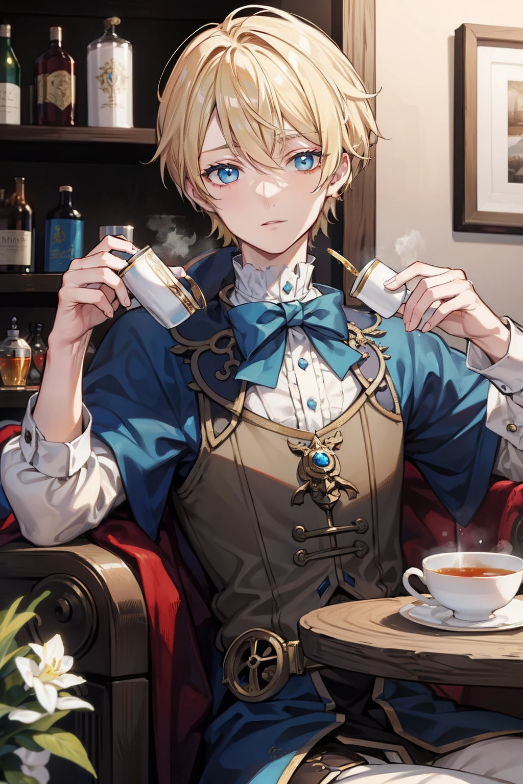 A nobleman is drinking tea Blonde short hair blue eyess twinks male people steampunc