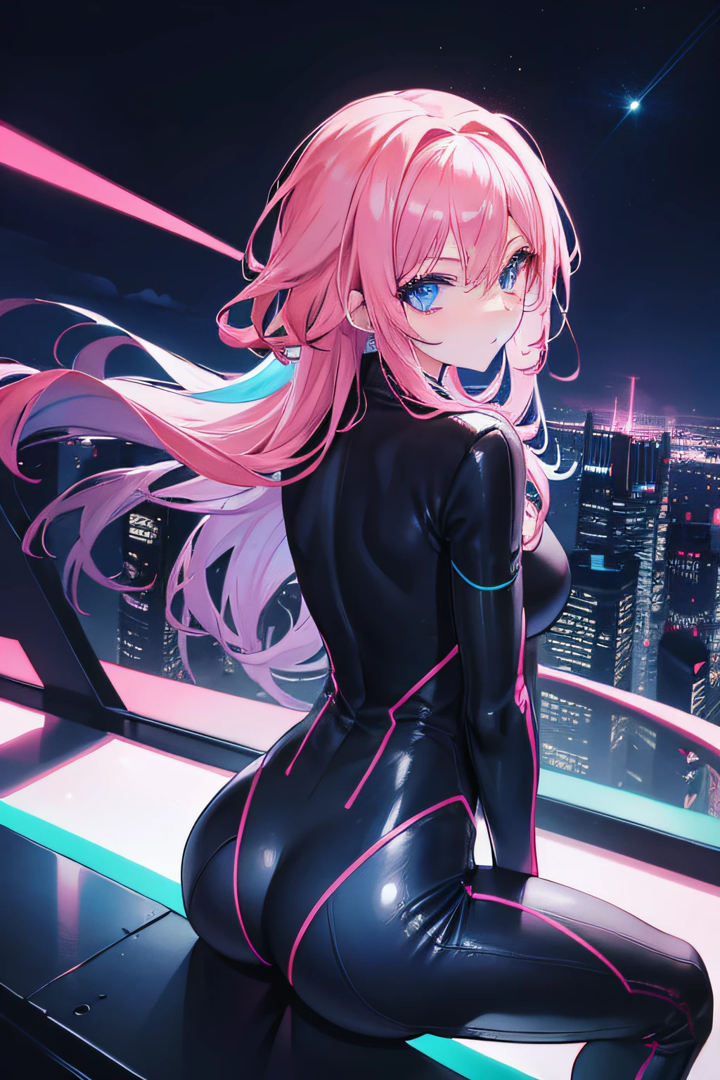 girl with pink hair, bright blue eyes, black skinsuit, looking back at you, sitting on edge of skyscraper, neon lights below.