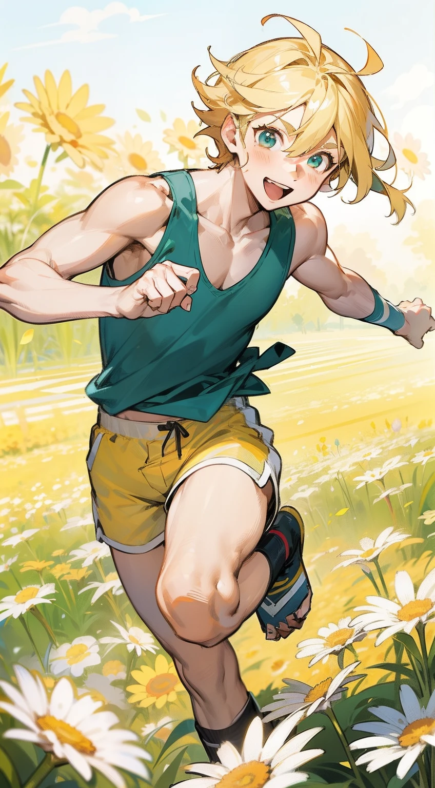 a wearing shorts & tanktop blond hair boy running in the flower field, smiling, daisy, sunny background, colorful, vibrant, artstation, rule34, artstation, myreadingmanga, Penguin Frontier, anime boy, manga boy, shorts, tanktop, blond hair,