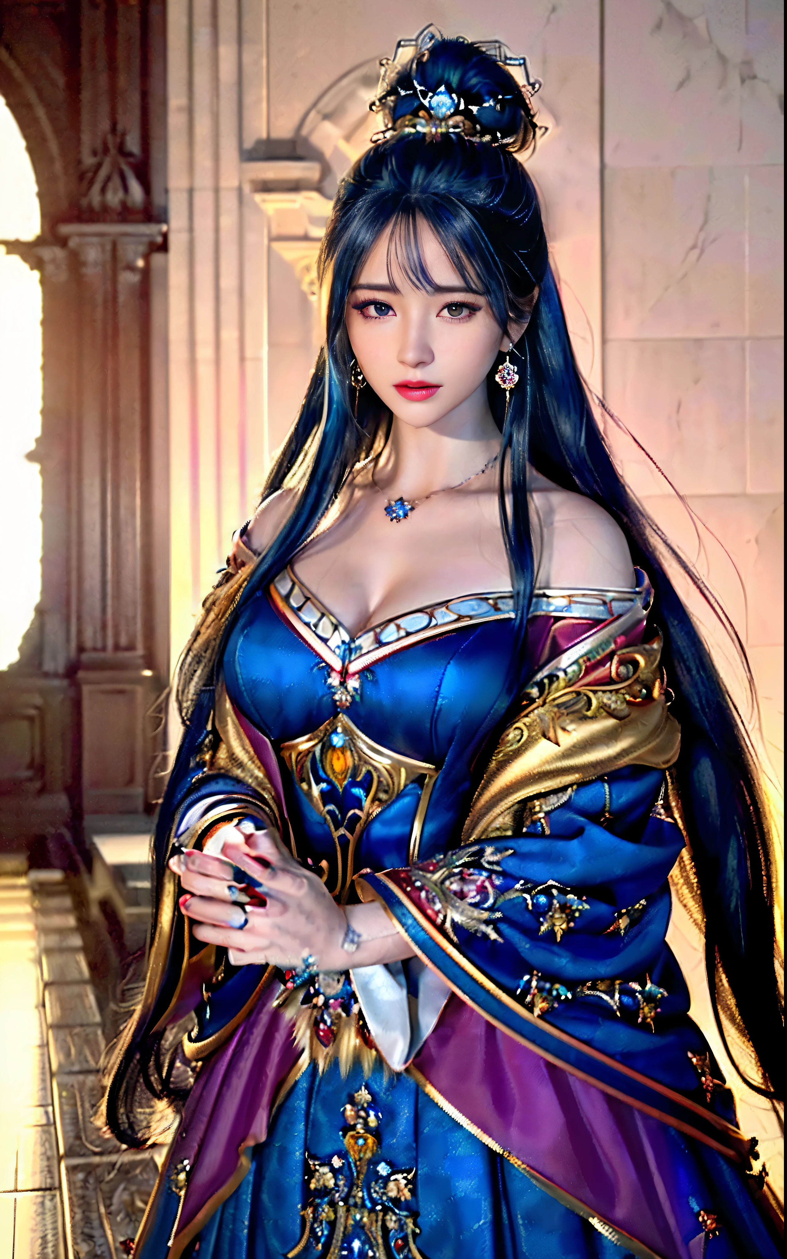 ((realisticity: 1.2)), ((realistic: 8K UHD)), ((best resolution: 8K UHD)), hyper detailed, best quality,masterpiece,highres,cg, ((1 girl hyper detailed and hyper realistic) ) , ((beautiful queen, hyper realistic and hyper detailed)),((white skin, beautiful, smooth, youthful, hyper realistic and hyper detailed )), ((Face hyper beautiful, white, hyper realistic and hyper detailed ) ), long hair, ((hyper realistic and hyper detailed dress)), solo, ((hyper realistic, hyper beautiful, beautiful and hyper detailed jewelry)), ((hyper beautiful deep red and golden yellow dress, hyper realistic and hyper detailed )) , ((Her pretty, hyper realistic, hyper detailed diamond filled earrings)), ((Her gorgeous diamond haircut, hyper realistic and hyper detailed)), ((hyper pretty upper body, hyper beautiful, hyper realistic and hyper detailed) ), ((medium breast: 1.1)), ((hyper realistic, hyper pretty, hyper detailed boobs)), ((the backgroun of the royal palace is hyper majestic, hyper realistic and hyper detailed)),((hands and palms hyper beautiful, hyper detailed, hyper realistic)), ((hyper detailed and hyper realistic fingers and fingernails)), ((hyper pretty fingernails, hyper vivid, hyper detailed, hyper realistic)), ((thumb, index finger, middle finger, ring finger, little finger hyper vivid, hyper pretty, hyper detailed, hyper realistic)), ((hyper beautiful fingers, hyper detailed, and hyper realistic)), ((posture not too fat and not too thin, hyper realistic, hyper detail)), ((hyper pretty, hyper pretty, hyper realistic and hyper detailed hair bun)), ((hyper pretty , hyper realistic and hyper detailed blue hair)), candid, Photo, high resolution, 8k , bokeh,