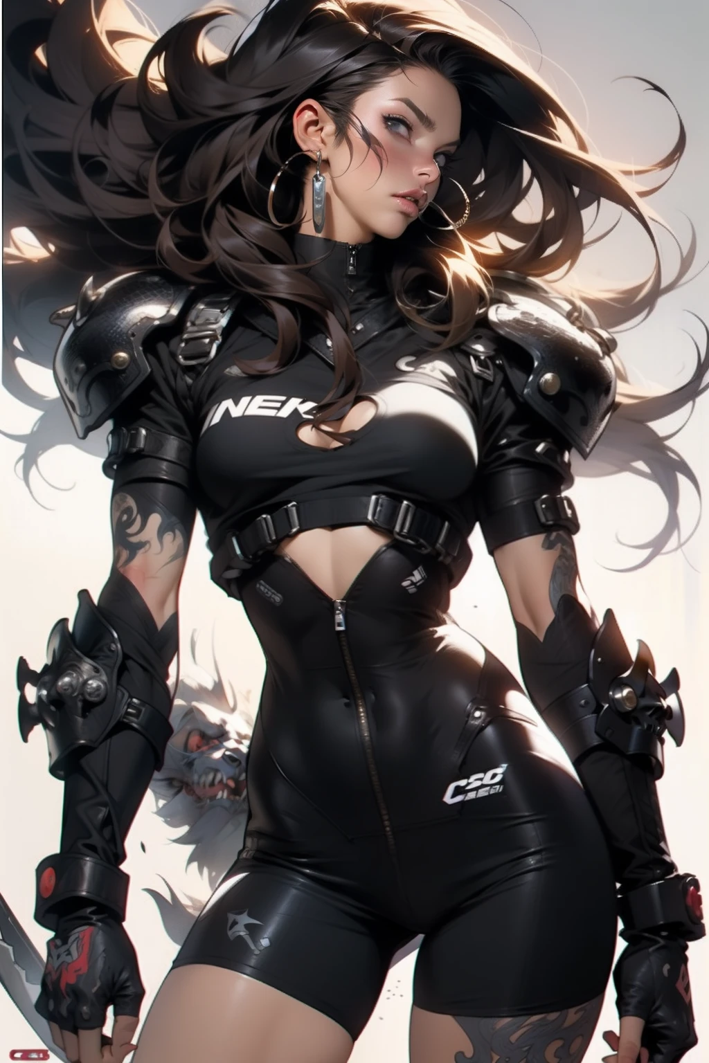 Nijistyle, ((( corpo inteiro ))), Uma guerreira mulher de 35 anos musculosa quase nua no estilo Simon Bisley para a capa da revista Heavy Metal, ((( cabelo curto ondulado loiro ))), Minimum clothing, roupas curtas, checkered on the arms, bionic hand