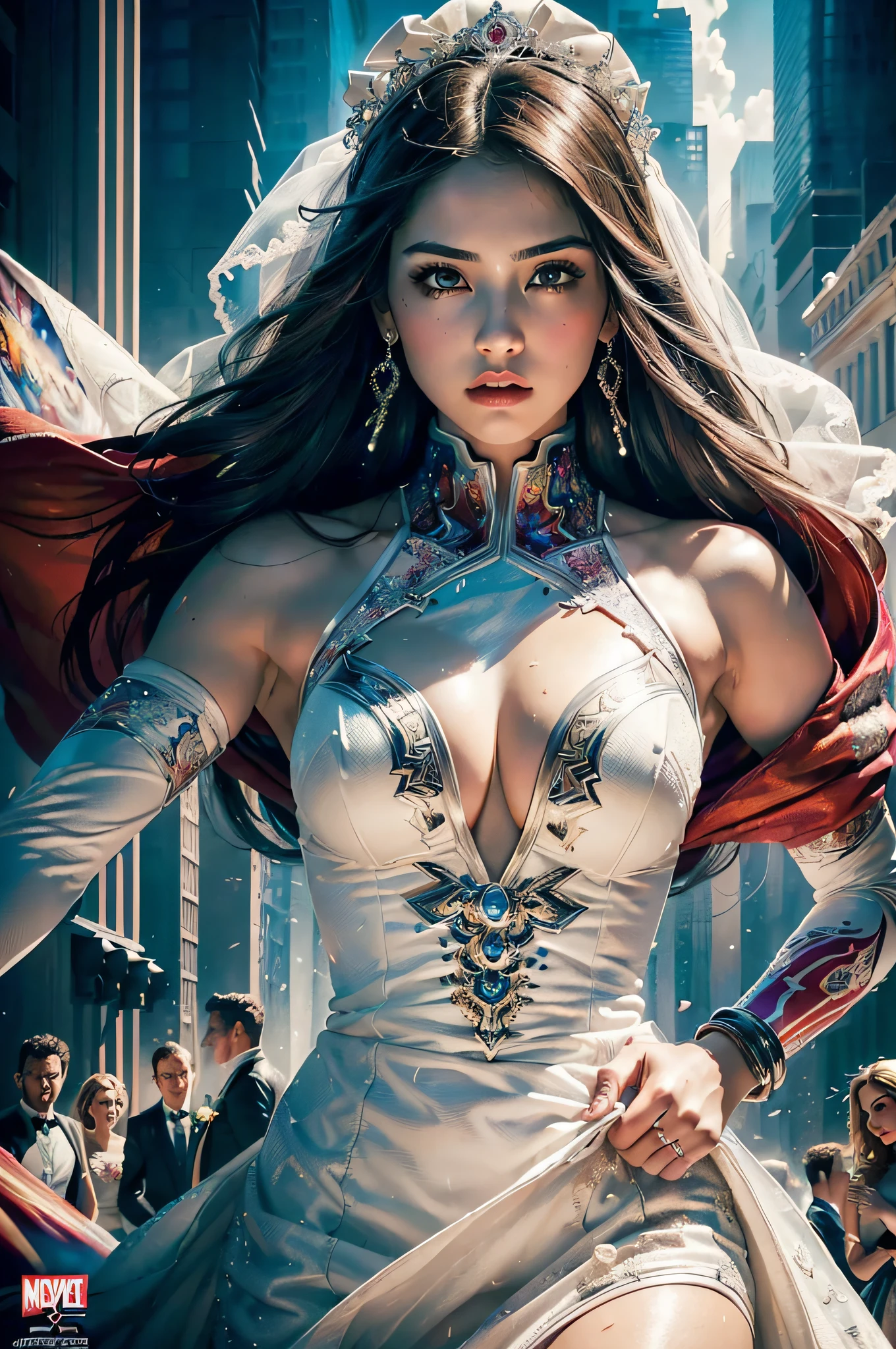 wedding day, best quality, masterpiece, (realistic:1.2), detailed face, beautiful eyes, (masterpiece, top quality, best quality, official art, beautiful and aesthetic:1.2), (1girl:1.4), extreme detailed, (Marvel Comic cover art:1.1), (Action painting:1.2), (concretism:1.2), theater dance scene, (hypermaximalistic:1.5), colorful, highest detailed,