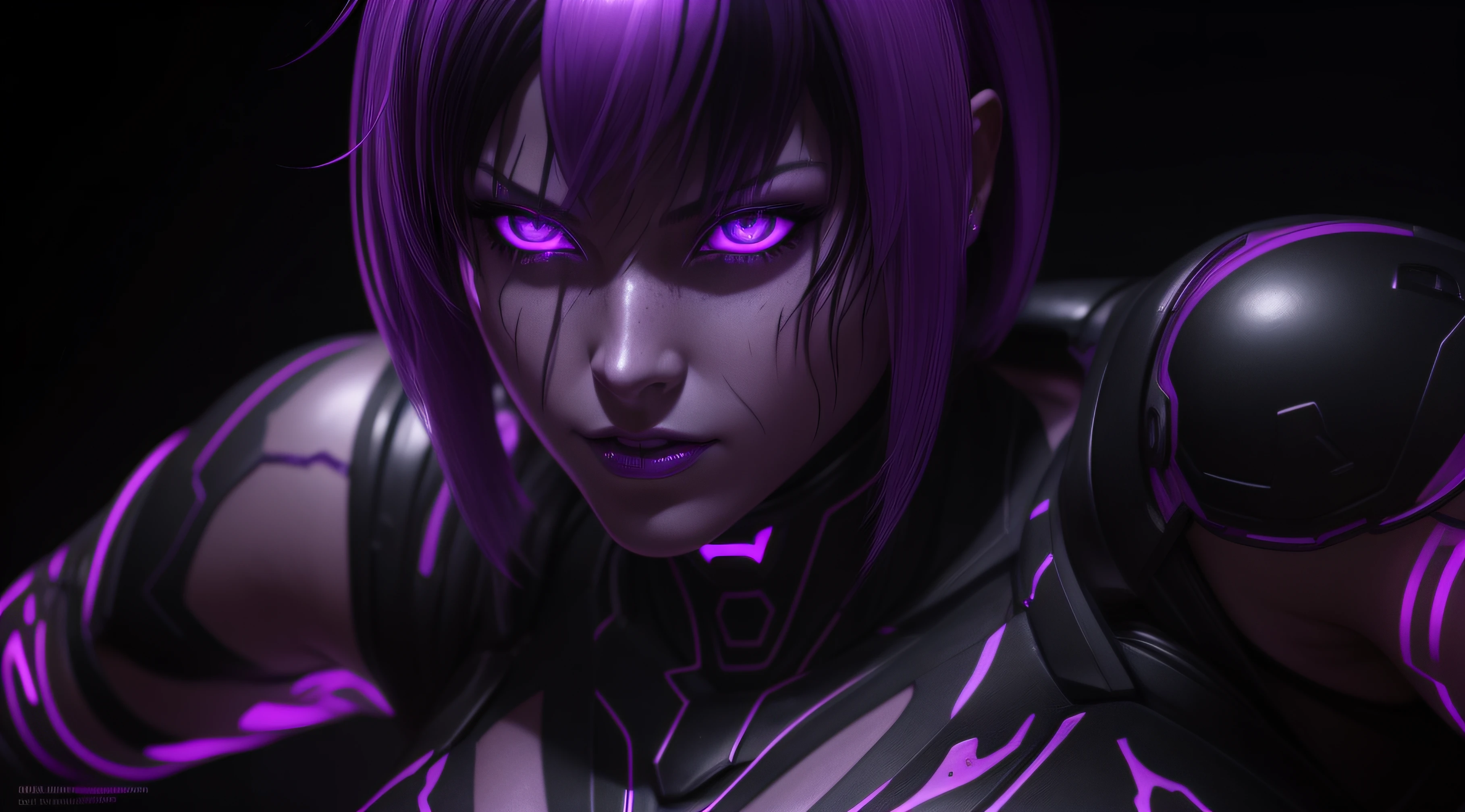 sexy motoko, Glow, seductive, glowing purple eyes , sexy , (ultra photorealistic:1.3), (masterpiece:1.4), best quality, ((realistic)), high quality, ultra detailed, ((real image)), ((realistic skin)), ((realistic face)),(illustration:1.05), (beautiful:1.05), (beautiful detailed eyes:1.05), (cinematic light:1.1), Extremely realistic , evil , wet ,corrupted , glowing veins ,parasites , dark energy , swarm, hive , grin , sadistic, portrait , purple glow ,possessed, lesbian , rape , kiss , tentacles