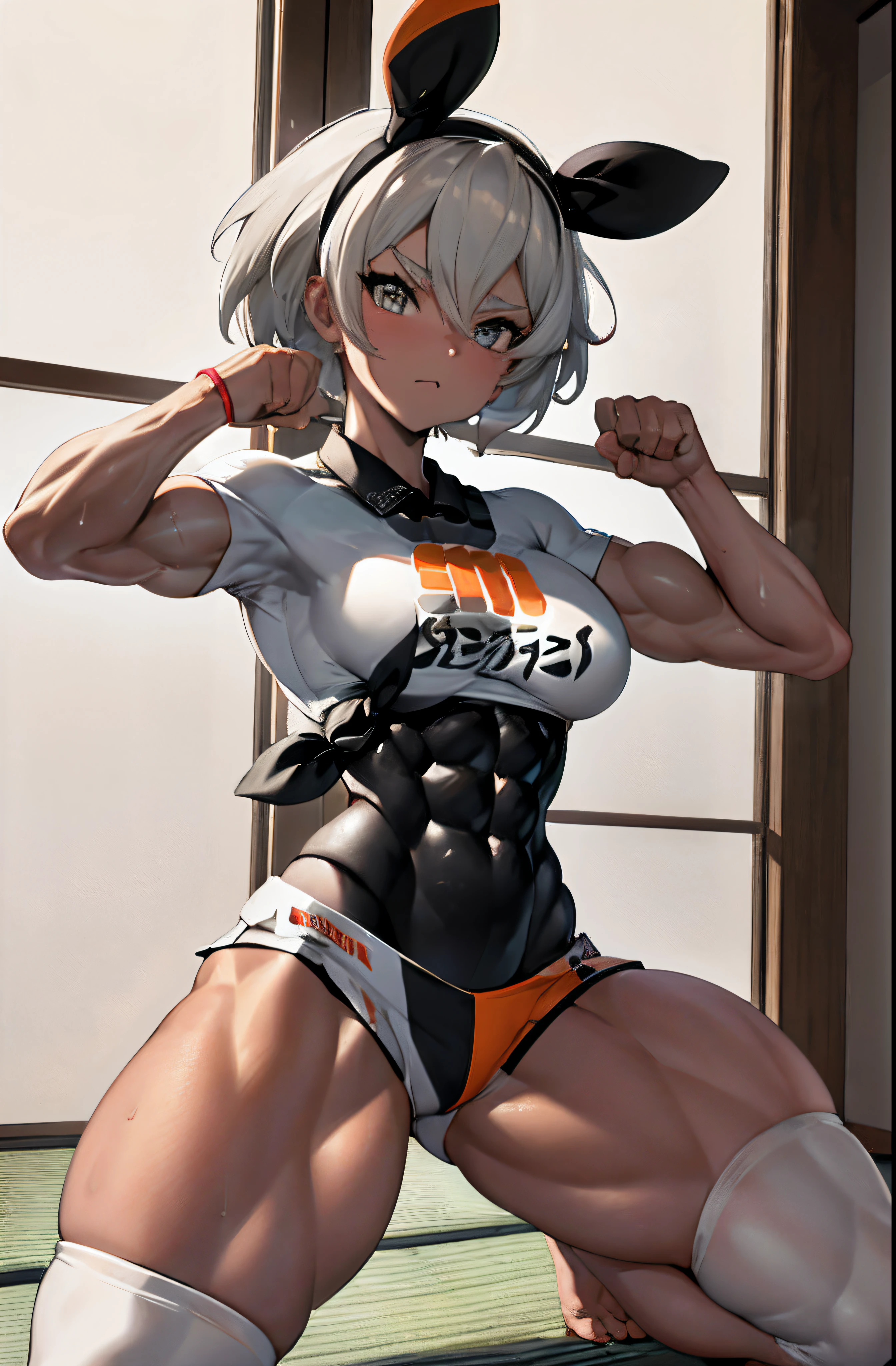 (masterpiece,best quality, detailed), 1girl, solo, indoors, dojo, tatami, fighting stance, clenched hands, looking at viewer, closed mouth, legs apart, bea \(pokemon\), bow hairband, tied shirt, print shirt, black bodysuit, bodysuit under clothes, single glove, print shorts, knee pads,  she confidently flexes her muscles, radiating power and determination. Her physique is truly remarkable, featuring bulging muscles that ripple with power. Her arms are adorned with immense biceps and sculpted triceps, each muscle fiber defined and purposeful. Her chiseled six-pack abs proudly showcase her dedication to physical fitness,