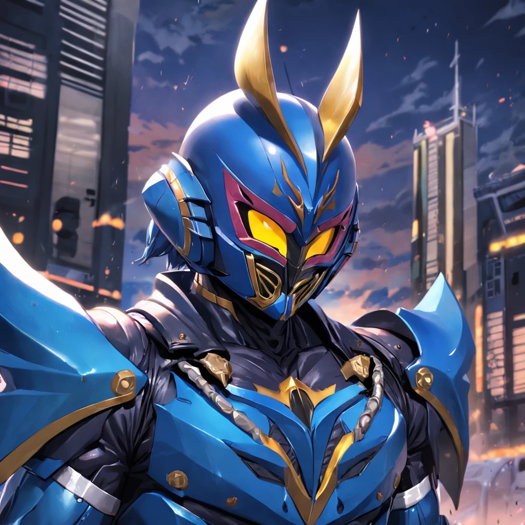 Kamen Rider，Batman helmet，Blue armor，Armed with a gun，Sea backgroun，top-quality，tmasterpiece，cruel