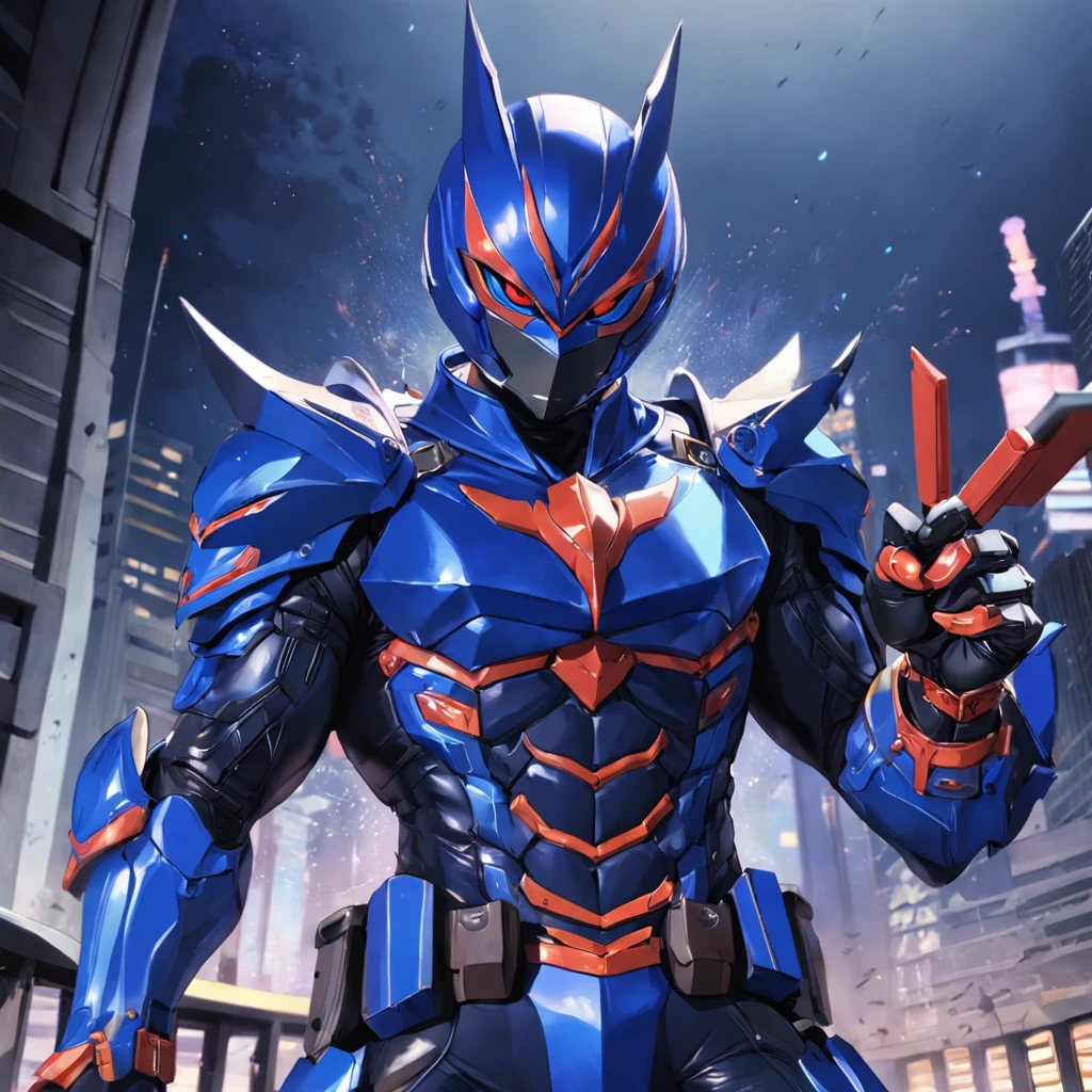 Kamen Rider,Batman helmet,Blue armor,Armed with a gun,Sea backgroun,top-quality,tmasterpiece,cruel