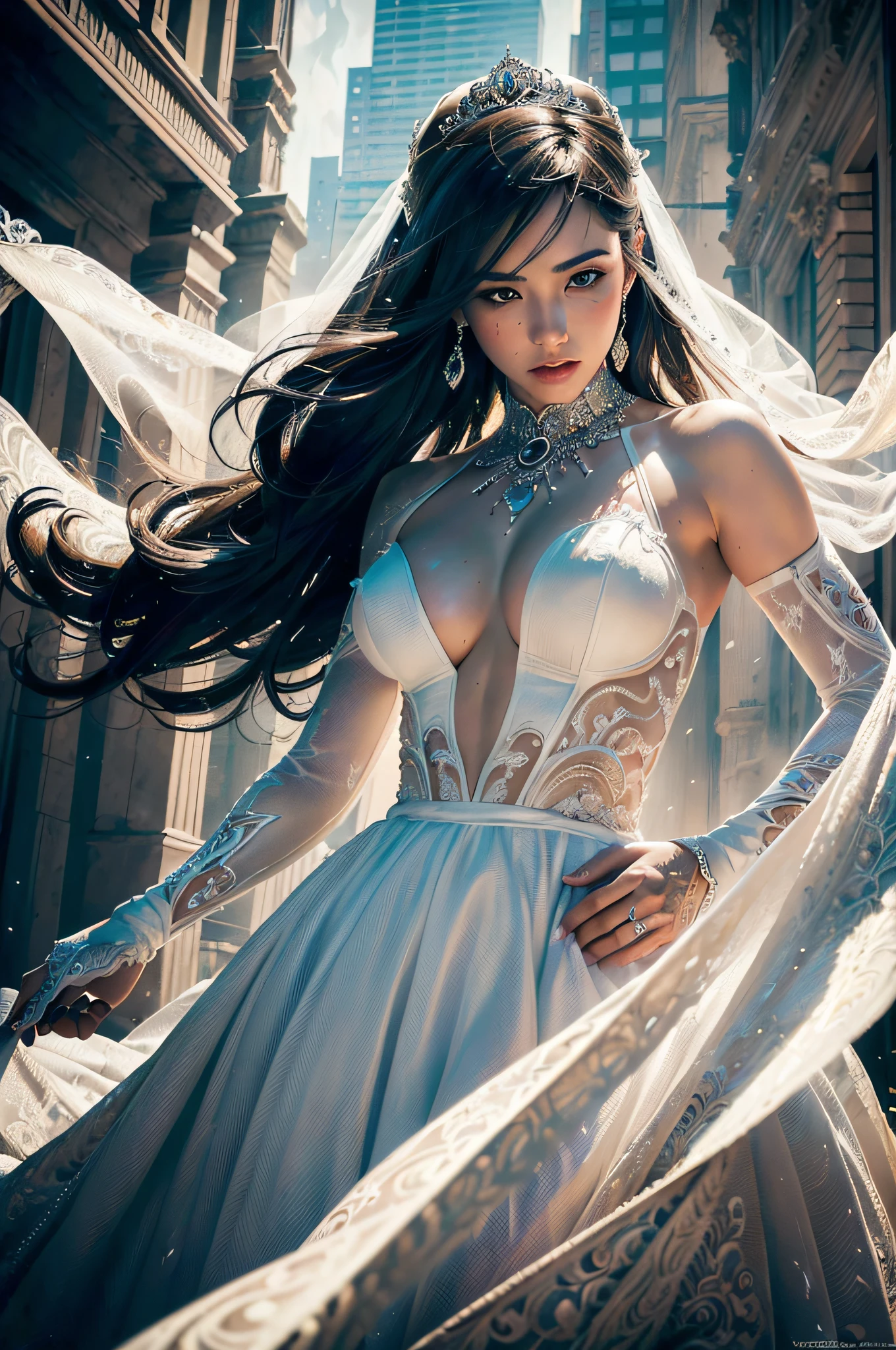 wedding day, best quality, masterpiece, (realistic:1.2), detailed face, beautiful eyes, (masterpiece, top quality, best quality, official art, beautiful and aesthetic:1.2), (1girl:1.4), extreme detailed, (Marvel Comic cover art:1.1), (Action painting:1.2), (concretism:1.2), theater dance scene, (hypermaximalistic:1.5), colorful, highest detailed,