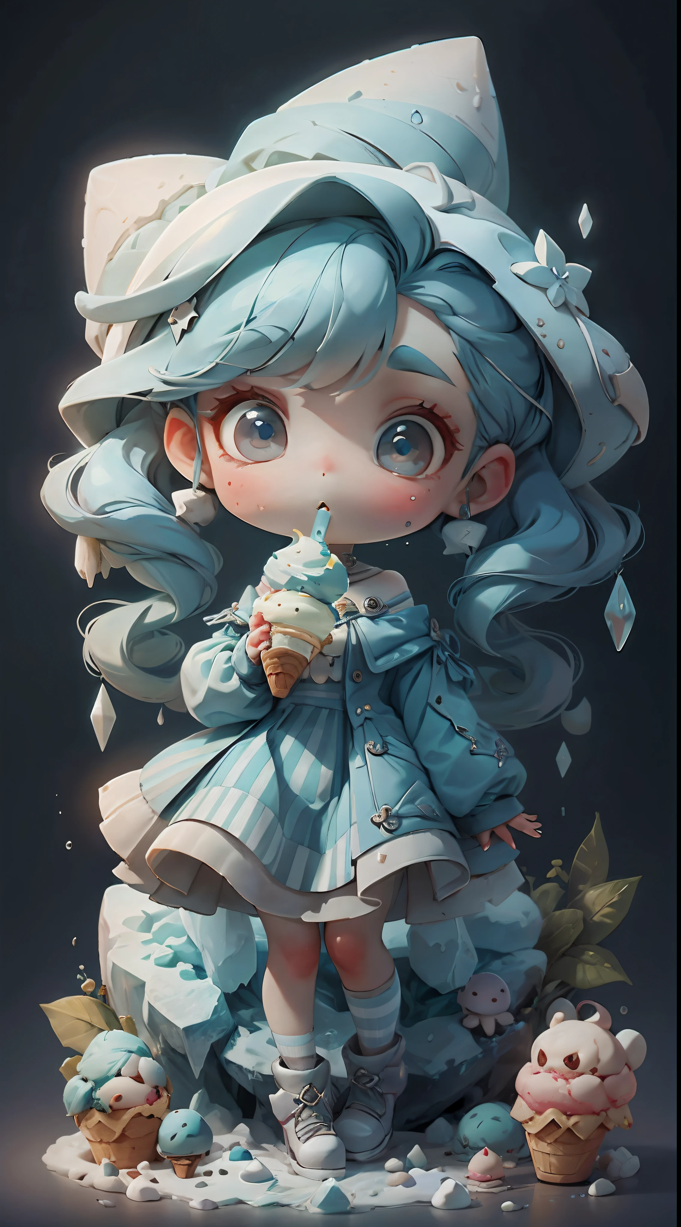 plastican00d, 1girll, tchibi, Blue hair, Luxury fabrics, dither, Ice cream texture,Profound, looking at viewert, Striped background