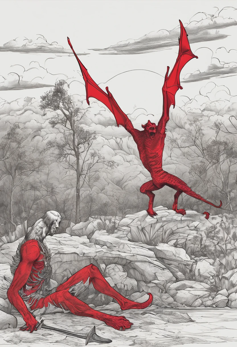 The devil sits in a chair. And there were many wounded on the ground, and demons, the head of a lion, the hands of a man, the eyes red, and the sky red.
