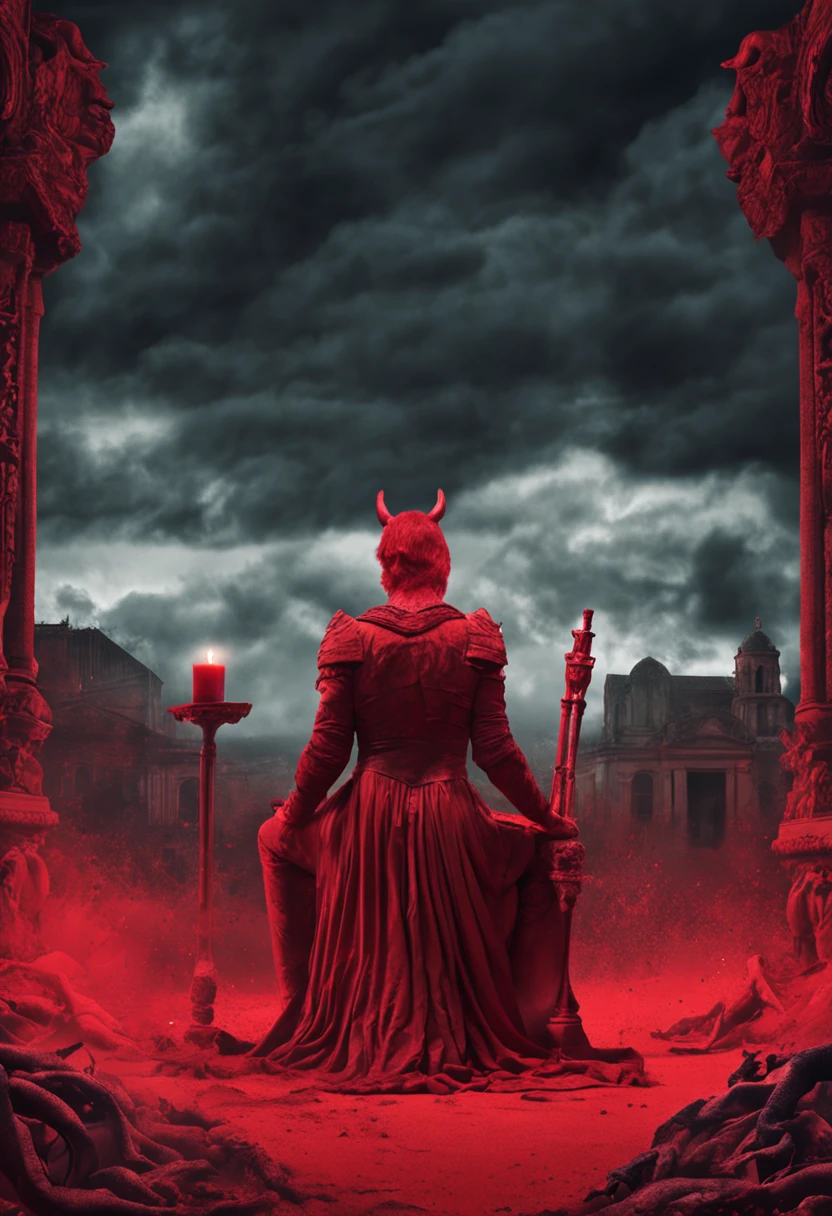 The devil sits in a chair. And there were many wounded on the ground, and demons, the head of a lion, the hands of a man, the eyes red, and the sky red.