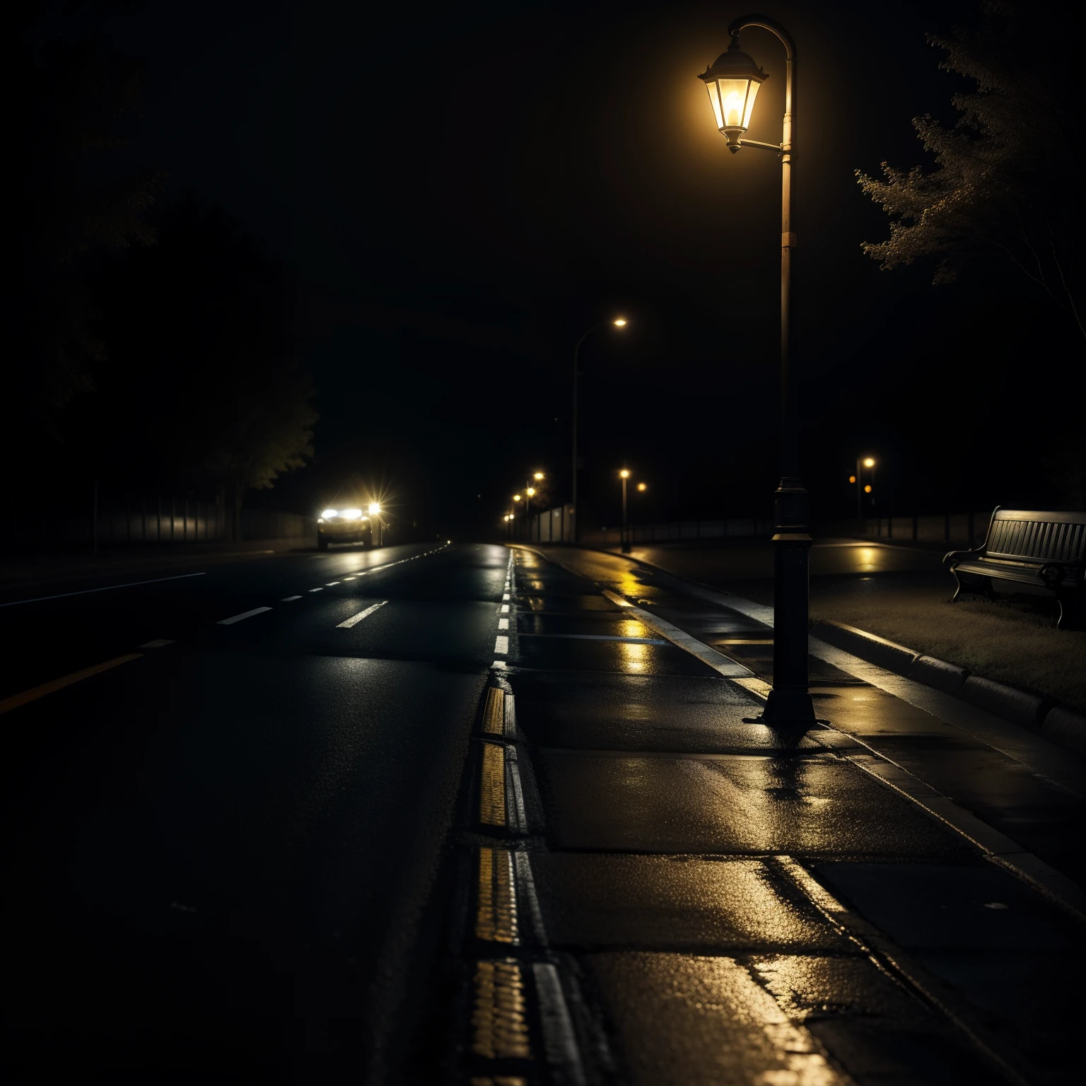 Pitch black night，Pitch black road，A dim yellow street lamp on the side of the road，A bench under a street lamp，（（（Lonely and lonely））），（It was drizzling）（（（desolation））），14K resolution，（（（The light is gentle））），（（（Realistic details））