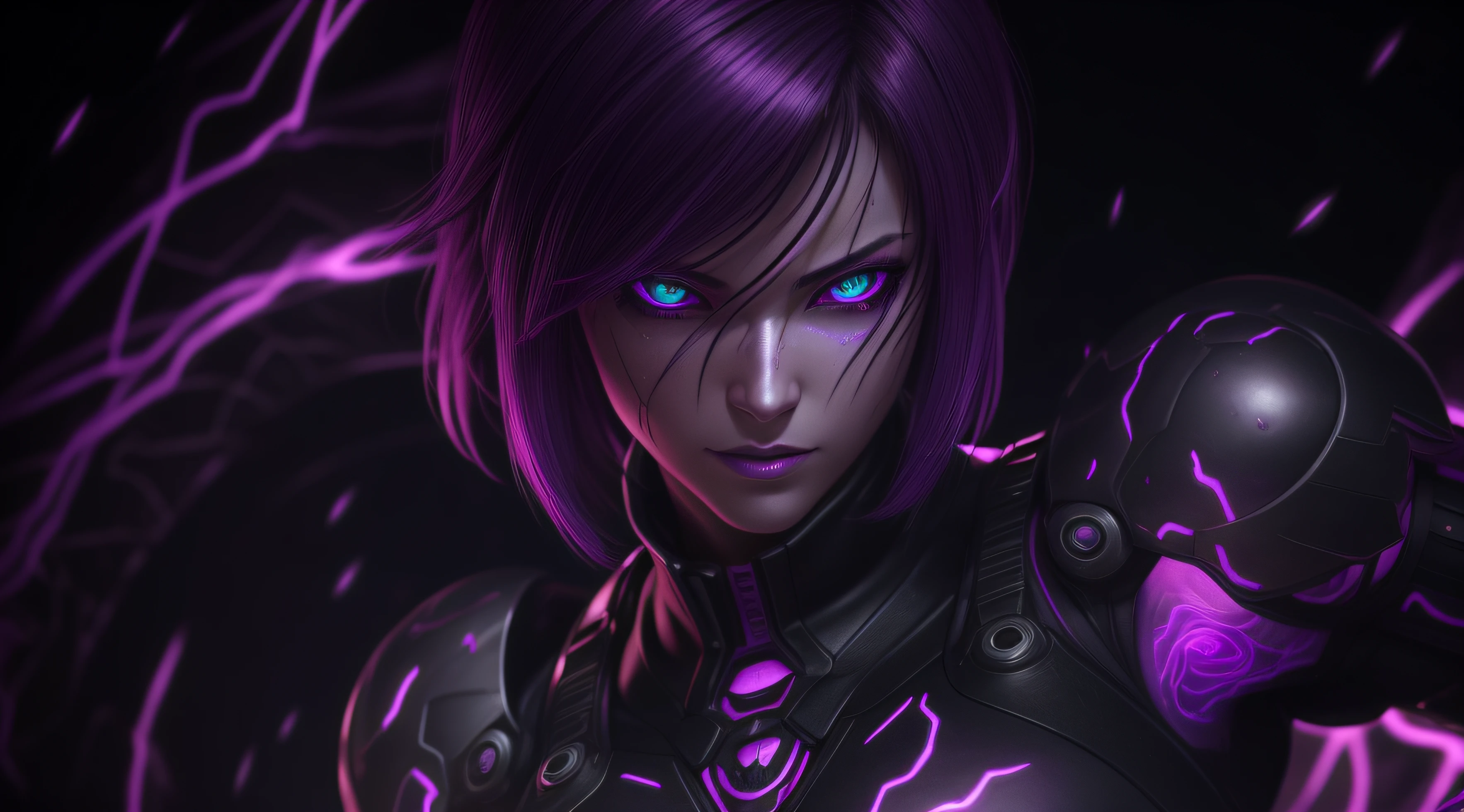 sexy motoko, Glow, seductive, glowing purple eyes , sexy , (ultra photorealistic:1.3), (masterpiece:1.4), best quality, ((realistic)), high quality, ultra detailed, ((real image)), ((realistic skin)), ((realistic face)),(illustration:1.05), (beautiful:1.05), (beautiful detailed eyes:1.05), (cinematic light:1.1), Extremely realistic , evil , wet ,corrupted , black veins ,parasites , dark energy , swarm, hive , grin , sadistic, portrait , purple glow ,possessed,