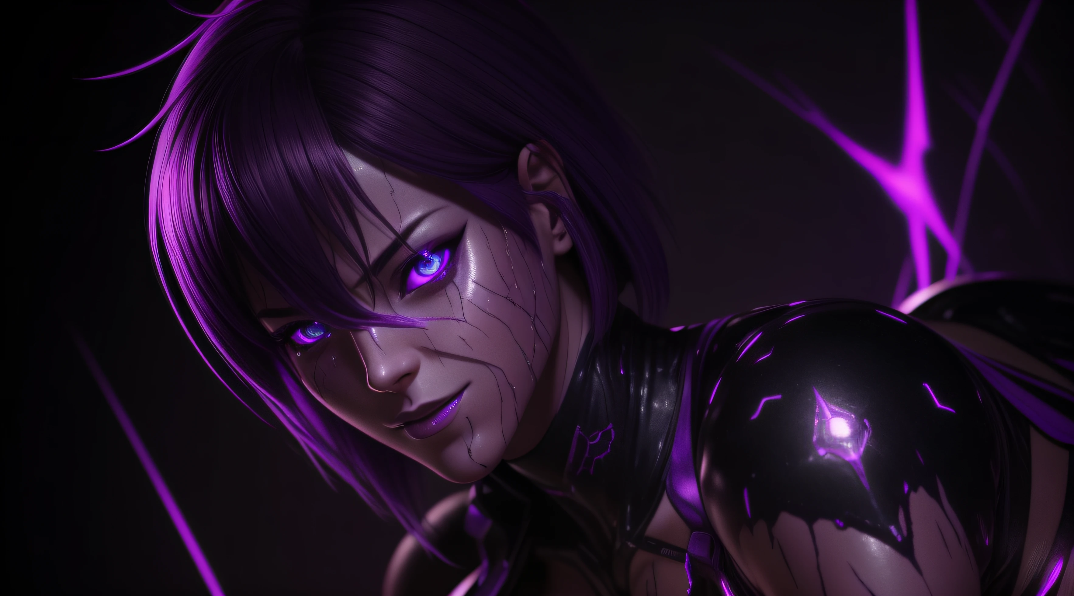 sexy android 18, Glow, seductive, glowing purple eyes , sexy , (ultra photorealistic:1.3), (masterpiece:1.4), best quality, ((realistic)), high quality, ultra detailed, ((real image)), ((realistic skin)), ((realistic face)),(illustration:1.05), (beautiful:1.05), (beautiful detailed eyes:1.05), (cinematic light:1.1), Extremely realistic , evil , wet ,corrupted , black veins ,parasites , dark energy , swarm, hive ,
