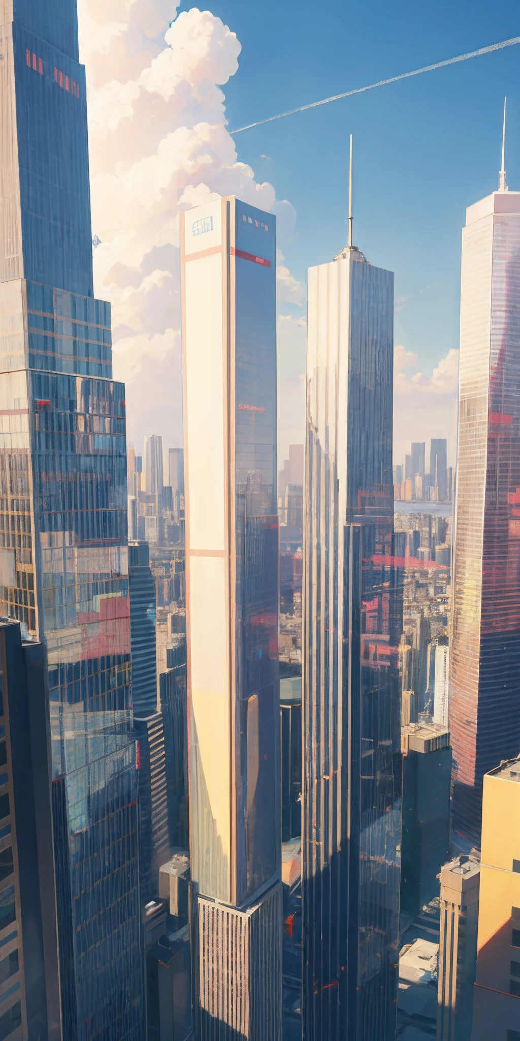 City \ Skyscrapers Streets \ People \ Plants \ Sky \ Blue Red \ Yellow \ Airplane \ 8K \ Masterpiece \ Fine details \ Lighting \ Shadows \ Reflections of light