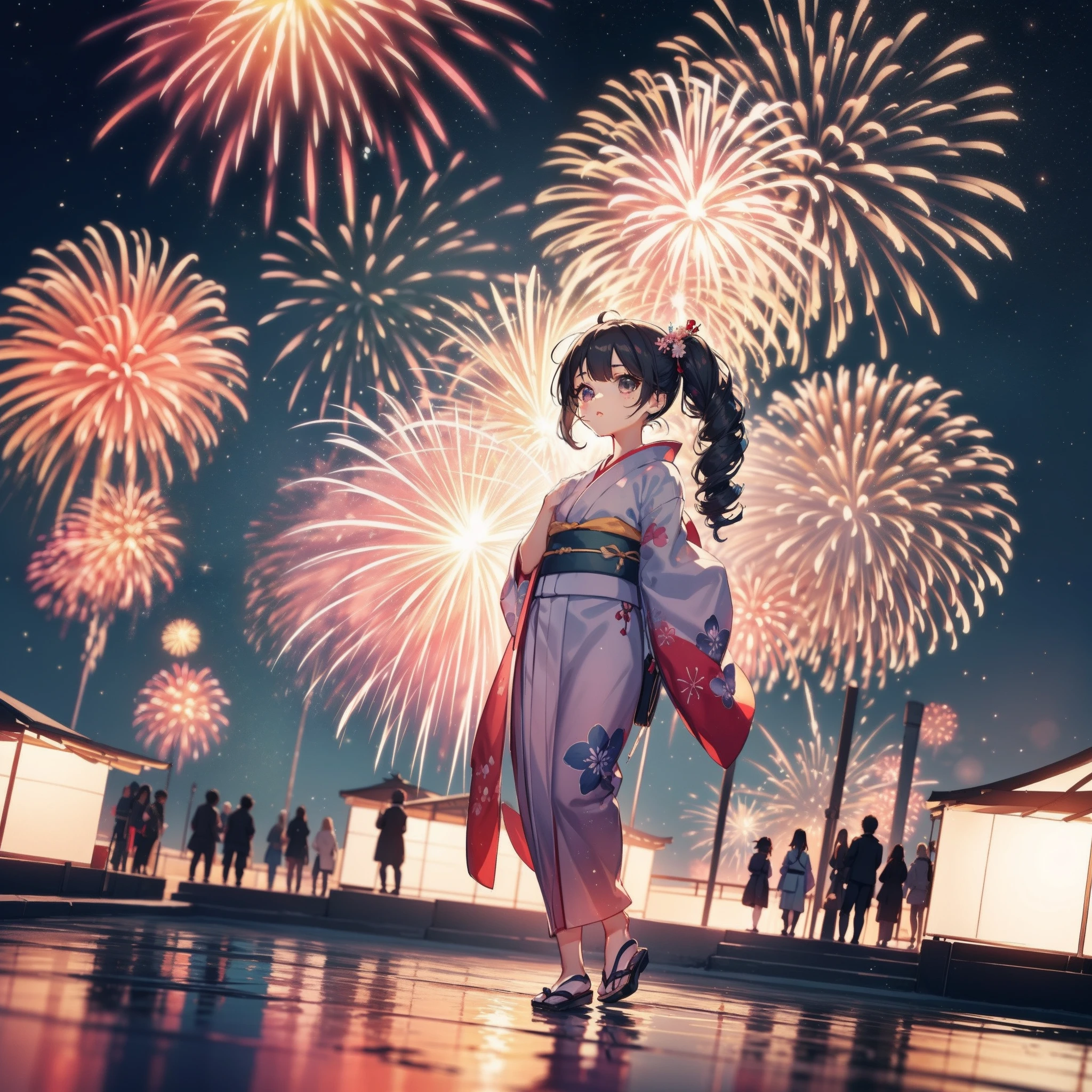 Chibi:1.8,girls,Kimono,Girl in Yukata,Blowing in the wind,Summer Festivals,natta,food stand,scenery reflected in the water,Spirit Stream,Big  Fireworks:1.7,Fireworks in the night sky:1.8,poney Tail,action:1.6,dynamic pose,dynamic angle,ground-level shot,low angle,full body shot,long shot,(masutepiece: 1.3), (exquisite detailing: 1.2), Delicate and beautiful details, (Eye Detail), (Facial Detailed), (Highest Quality) :1.4), (Hyper-Resolution: 1.2), (very detailed illustration),Best Quality,depth of fields, Wide light, natural shadows