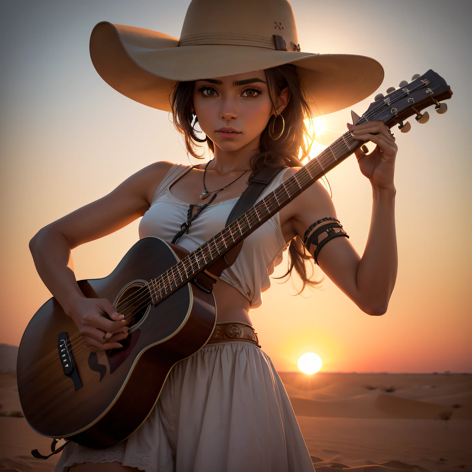 ((imagem bem detalhada)), deserto do Texas, fim de tarde, sol esmanhecendo, estilo faroeste, Western-style man and a woman playing guitar.
