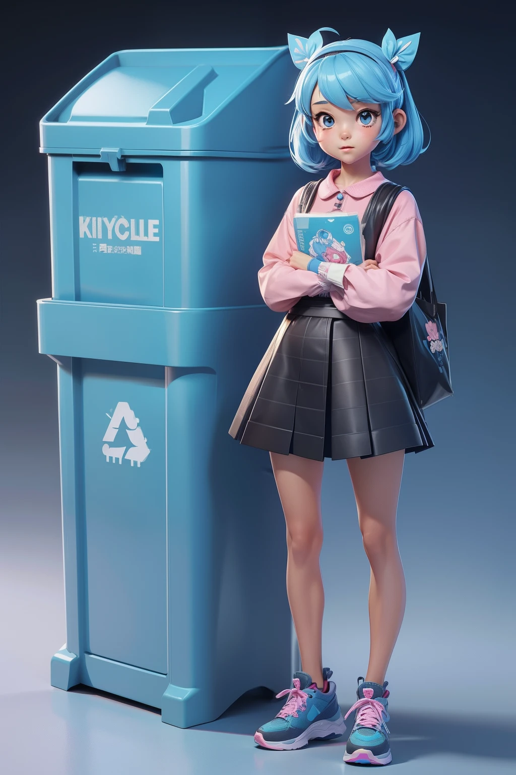 cute female child，Recyclables，Recyclable bins（Personification）（human figures）Q version of cartoon，Anime art concept art, （3D stereoscopic）（The color scheme is mainly the blue of the recyclable bin）（Cute style illustration）Cute comic book style，Anime art concept art, Official illustration[Three-dimensional feeling][Lovely wind][Card ventilation][真实感]