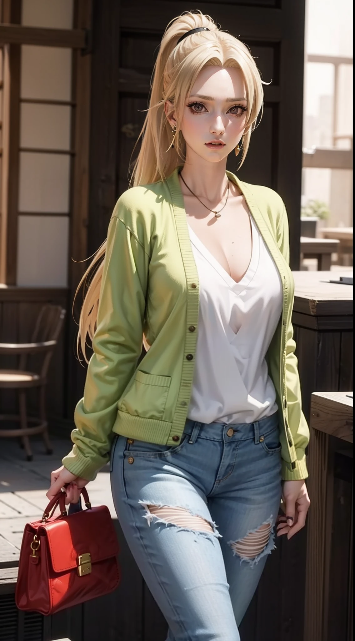 Tsunade from anime naruto, blonde hair, long hair, ponytail, wearing mascara, perfect body, perfect breasts, beautiful woman, very beautiful, wearing a white shirt, wearing a green cardigan, jeans, wearing a handbag, wearing a watch , wearing earrings, being in a mall, Realism, masterpiece, textured skin, super detail, high detail, high quality, best quality, 1080P, HD, 16k