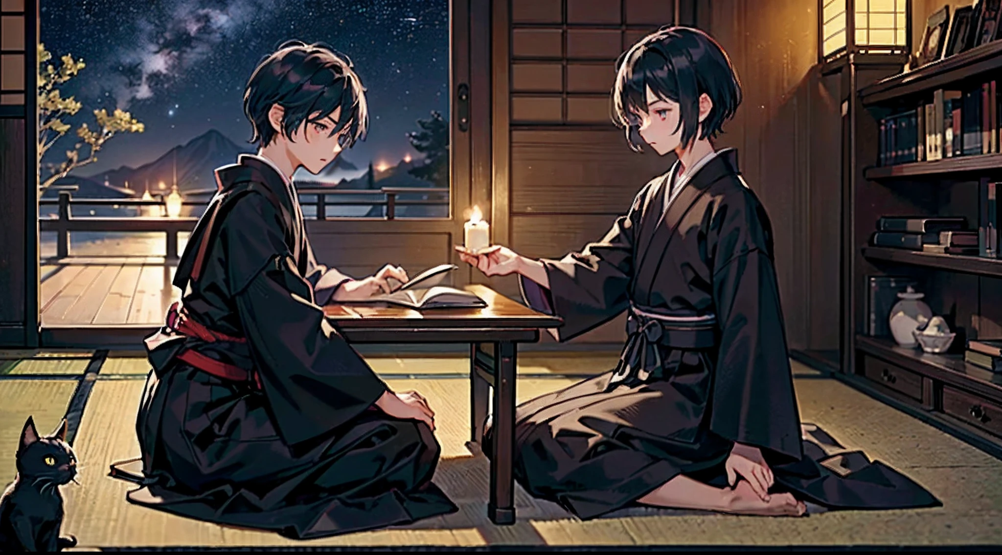#night sky (darkness of night,no light,stars),
#a writing boy on the desk (16 male、Honor Students、A dark-haired、short-hair、hakama,sit flat),
#black room at night (no light,black cat,wooden low table,one candle,pretty tatami,a lot of books,bookshelf)