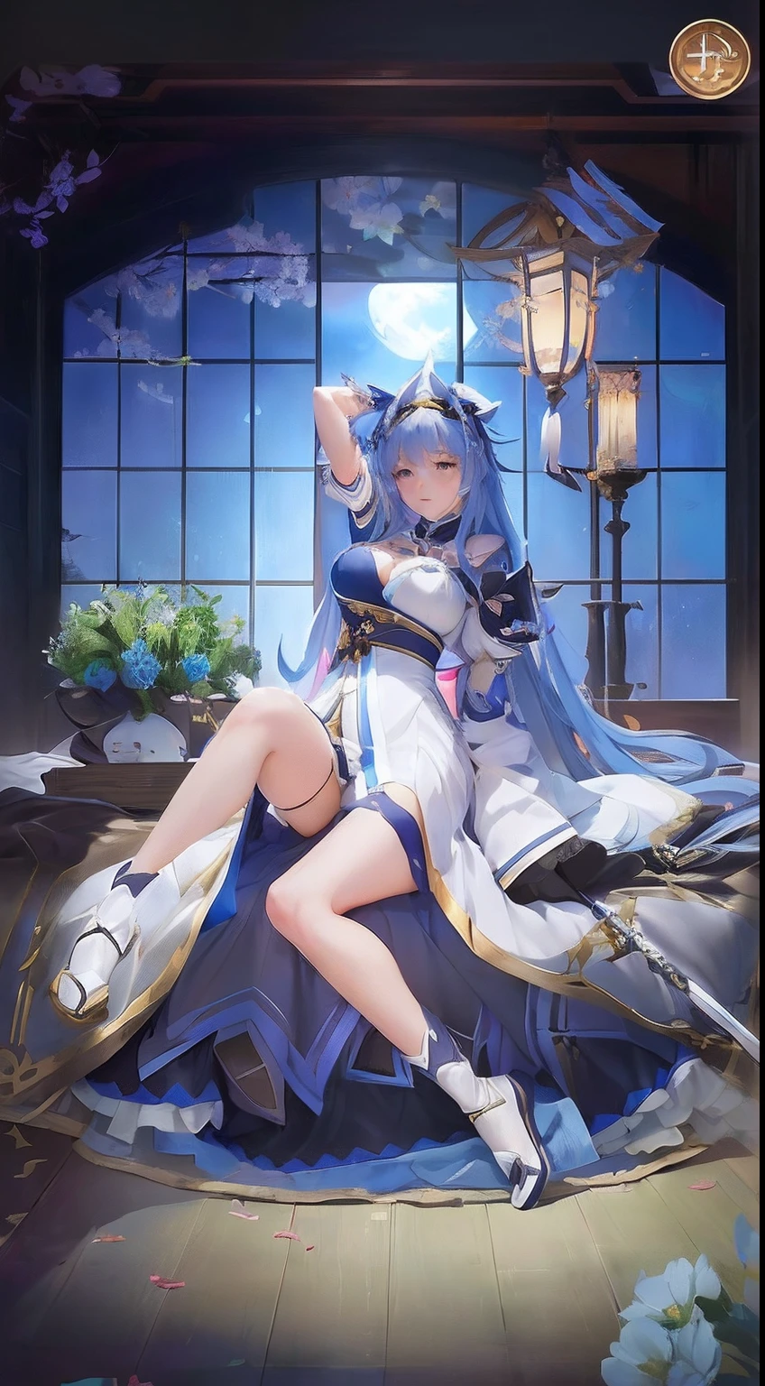 Anime girl in white dress sitting on bed with sword, anime goddess, azur lane style, hestia, from the azur lane videogame, aqua from konosuba, keqing from genshin impact, high detailed official artwork, Ayaka Genshin Impact, from arknights, hd artwork, full-body xianxia, Onmyoji