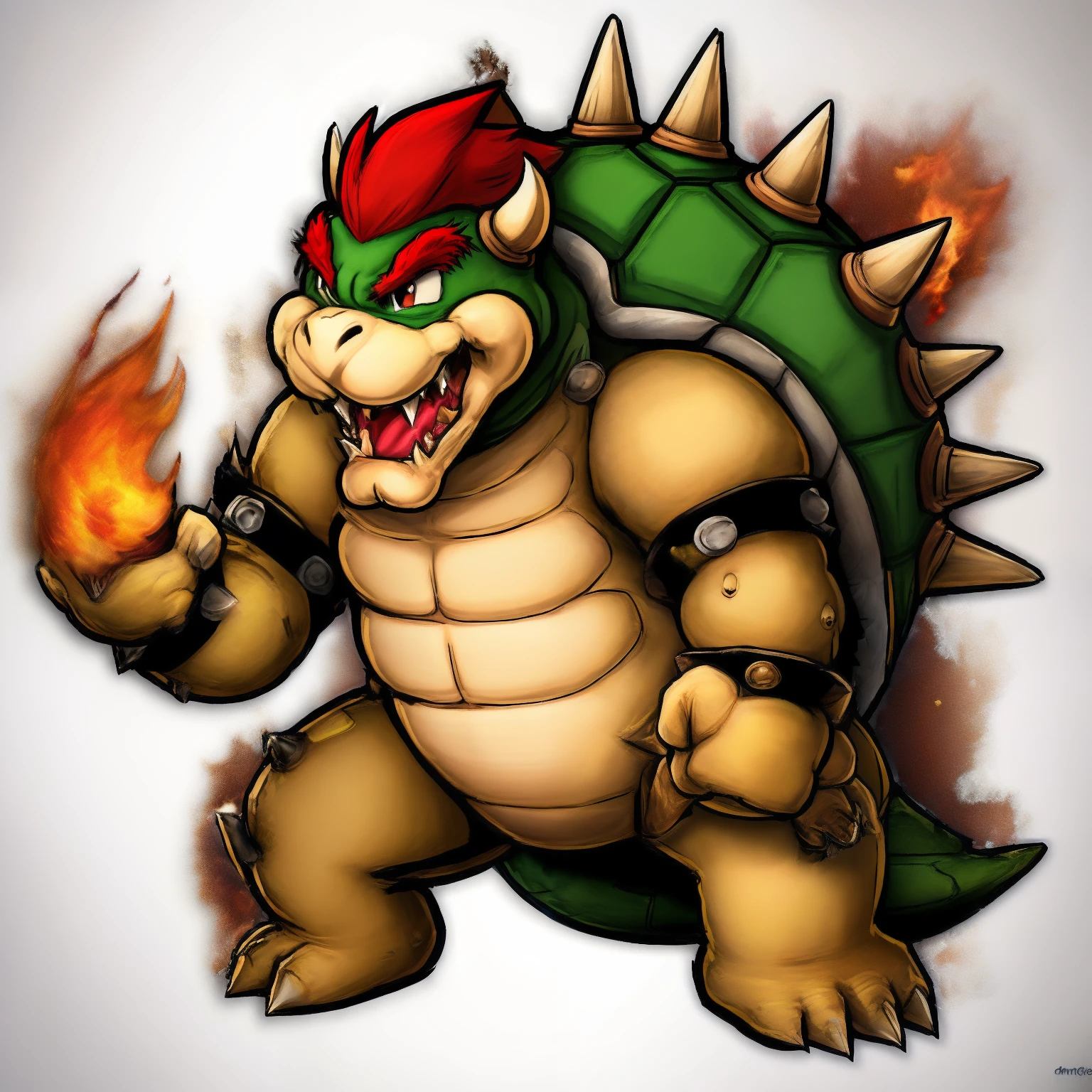 (extremely detailed CG unity 8k wallpaper, masterpiece, best quality), Bowser, paper texture, dark and menacing, fire breathing, spiked turtle shell, red scaled, fierce expression, towering over Mario, chaotic battleground
