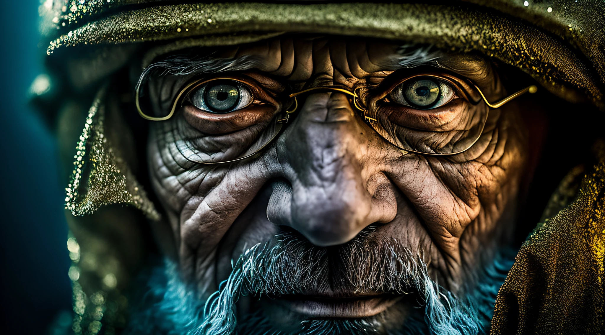 Retrato do rosto velho do mago da neve, underwater mist, ultra detalhado, Sharp, Por Zdzislaw Beksinski e Migkhail Vrubel, mistic ,High Detail Hidden 4K Dark and Golden Smoke Background Muted Color --Air 2:3