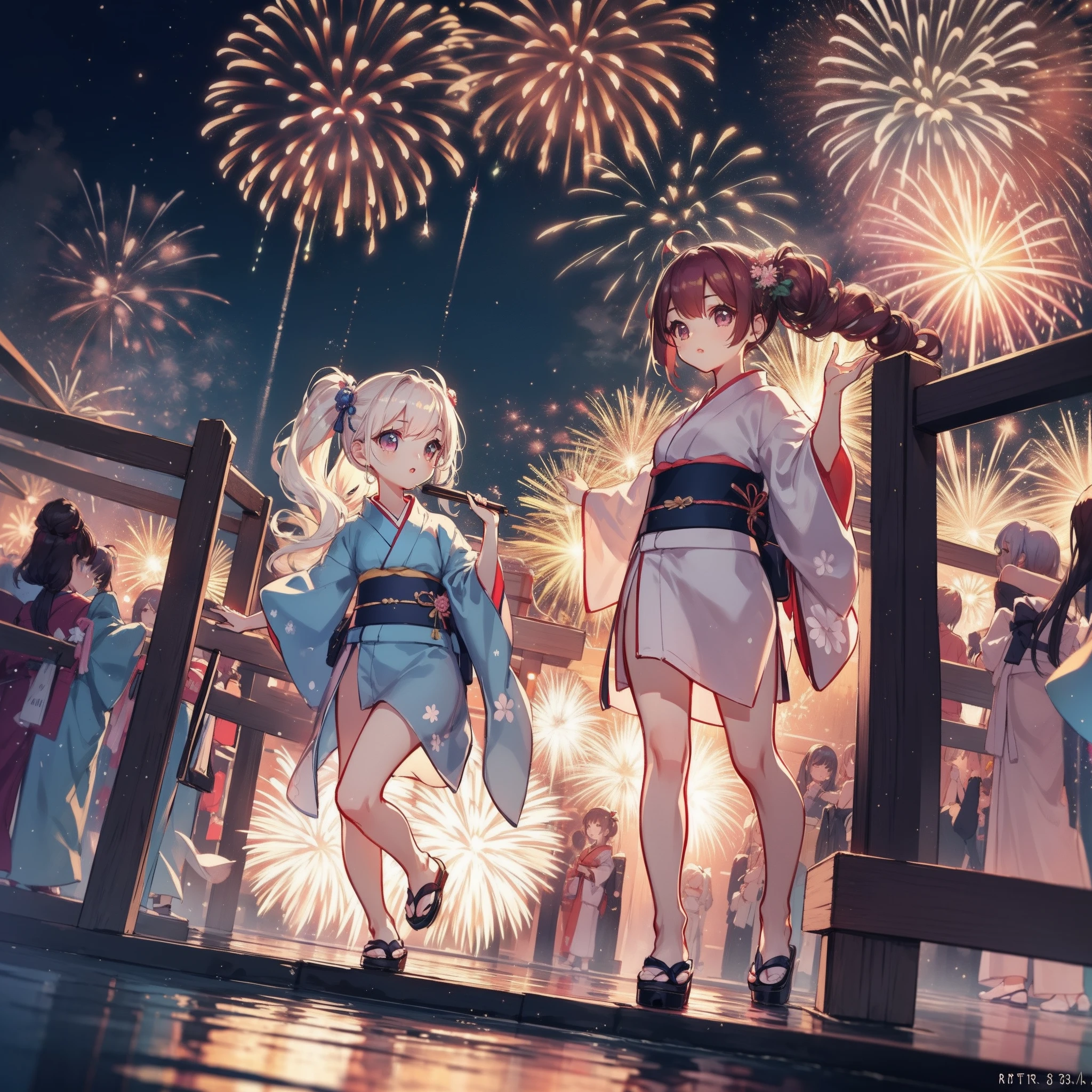 Chibi:1.8,girls,Kimono,Girl in Yukata,Blowing in the wind,Summer Festivals,natta,food stand,scenery reflected in the water,Spirit Stream,Big  Fireworks:1.7,Fireworks in the night sky:1.8,poney Tail,action:1.6,dynamic pose,dynamic angle,ground-level shot,low angle,full body shot,long shot,(masutepiece: 1.3), (exquisite detailing: 1.2), Delicate and beautiful details, (Eye Detail), (Facial Detailed), (Highest Quality) :1.4), (Hyper-Resolution: 1.2), (very detailed illustration),Best Quality,depth of fields, Wide light, natural shadows