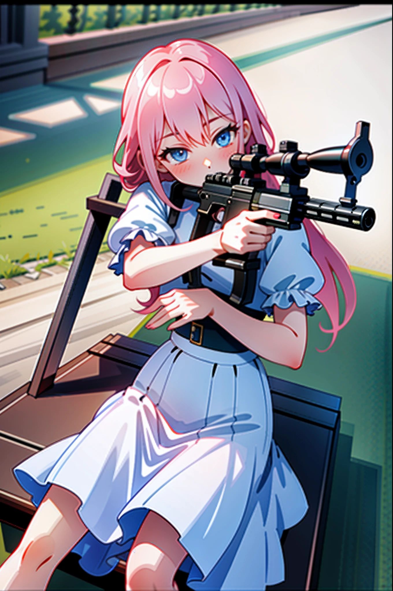 (Masterpiece:1.2), Best quality, A high resolution, Original, (Extremely detailed:1.2), Ultra-detailed, the wallpaper, Perfect lighting,(Extremely detailed CG:1.2), 8K,illustration,1girll, Solo, [White:Pink:17] Hair, Detailed blue eyes, ({Delicate|Short-sleeved}dress:1.19), {{Large skirt}}, ({Detailed|Delicate}Uzi machine gun:1.2), holding gun, Aim for, (aiming at viewer), Sit on a stone bench, Panchira, park, day